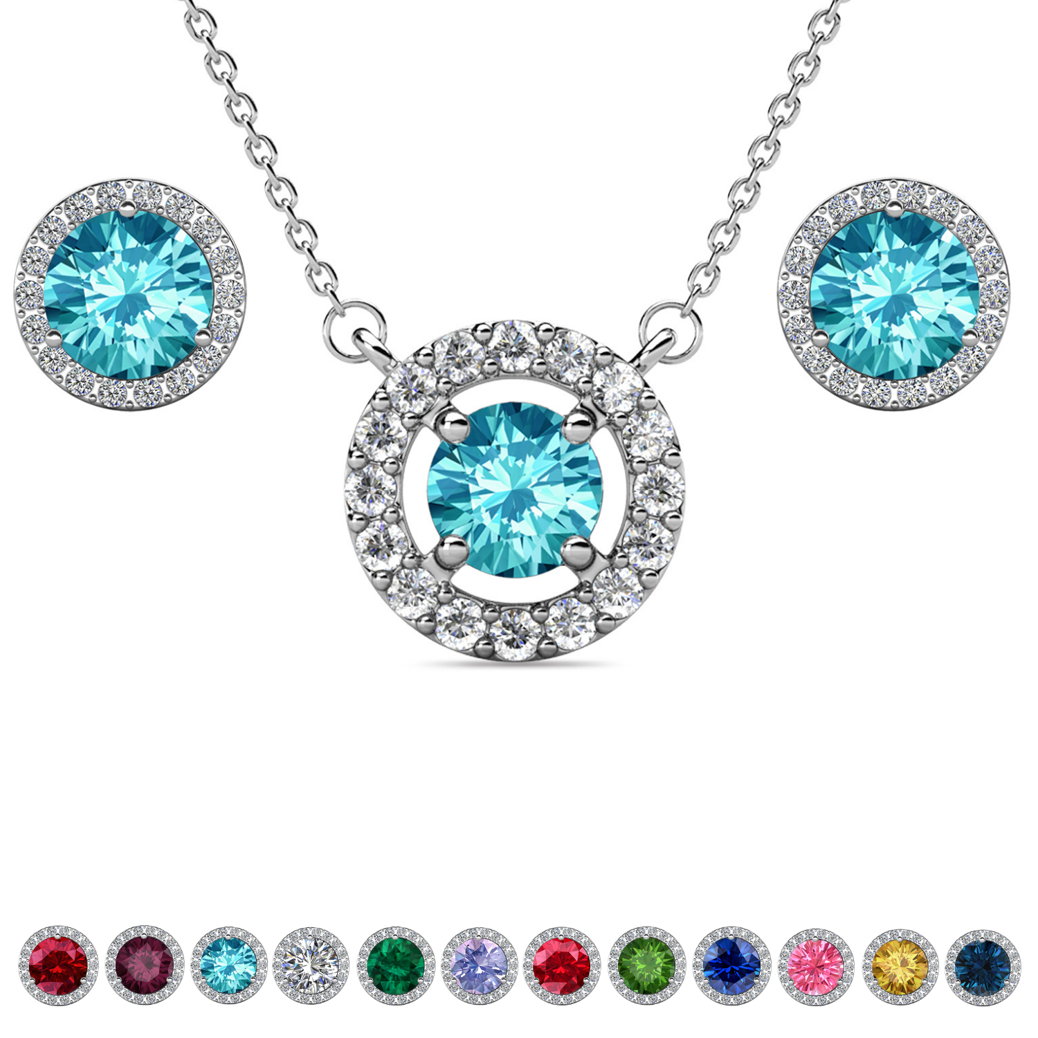Royal Birthstone 18k White Gold Plated Halo Stud Earrings and Necklace Set with Swarovski Crystals
