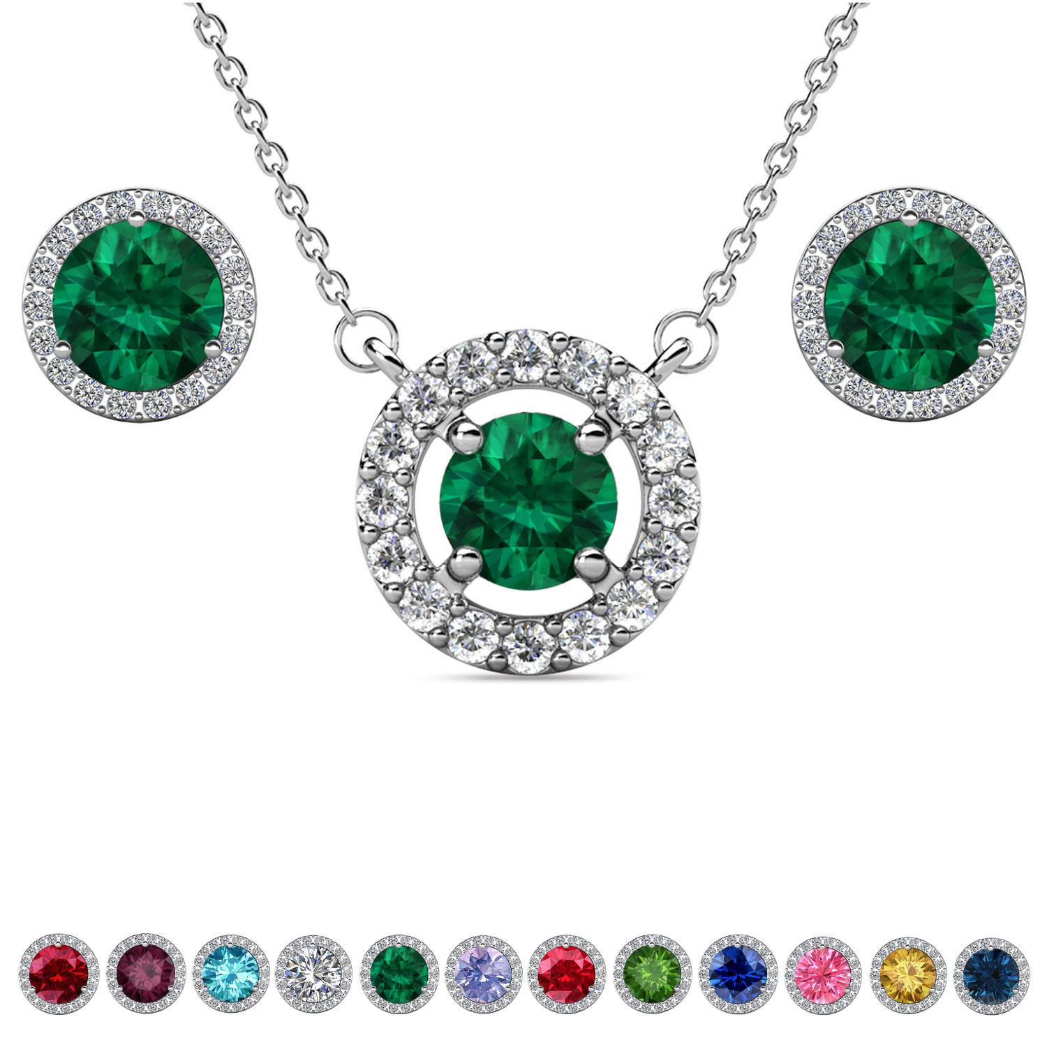 Royal Birthstone 18k White Gold Plated Halo Stud Earrings and Necklace Set with Swarovski Crystals