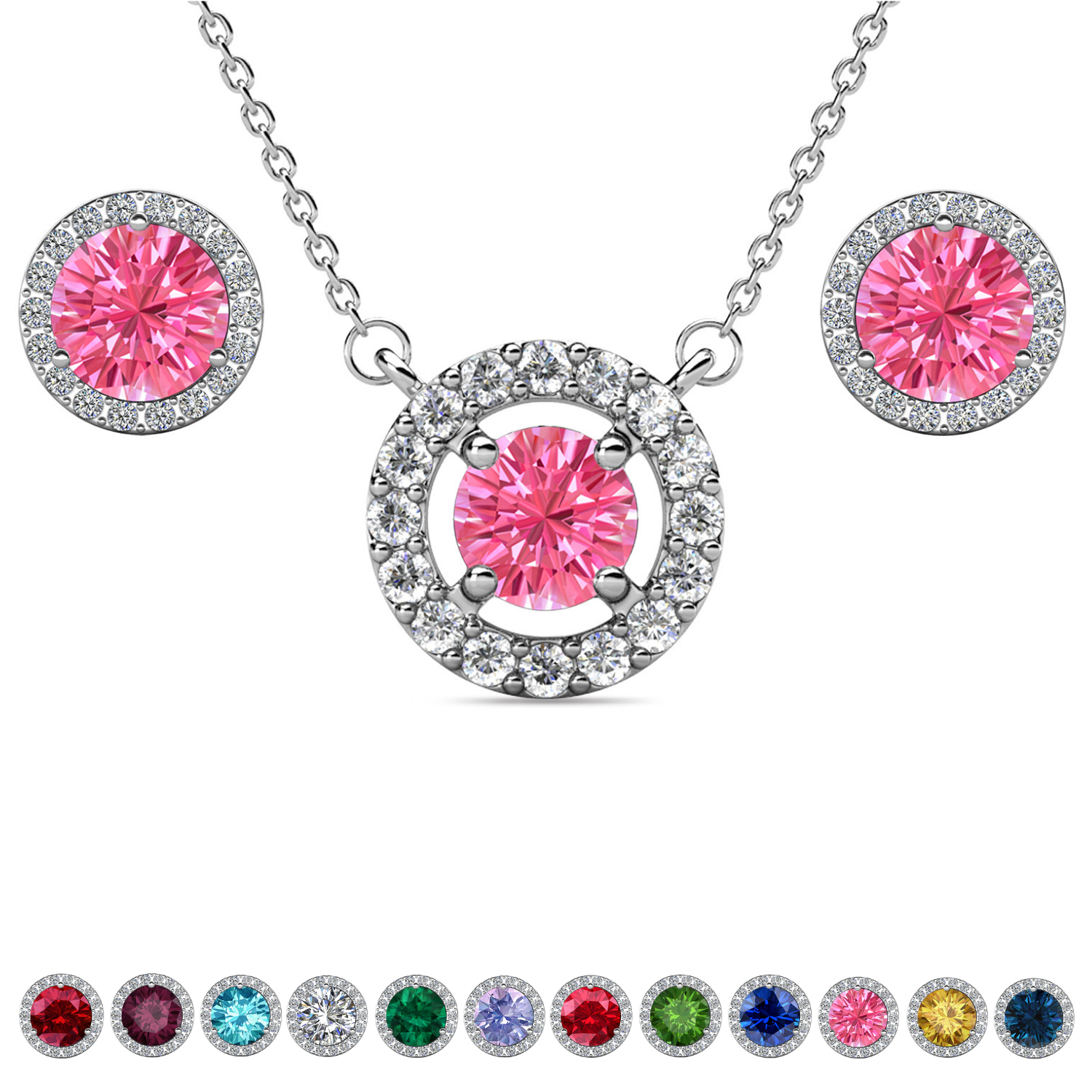 Royal Birthstone 18k White Gold Plated Halo Stud Earrings and Necklace Set with Swarovski Crystals