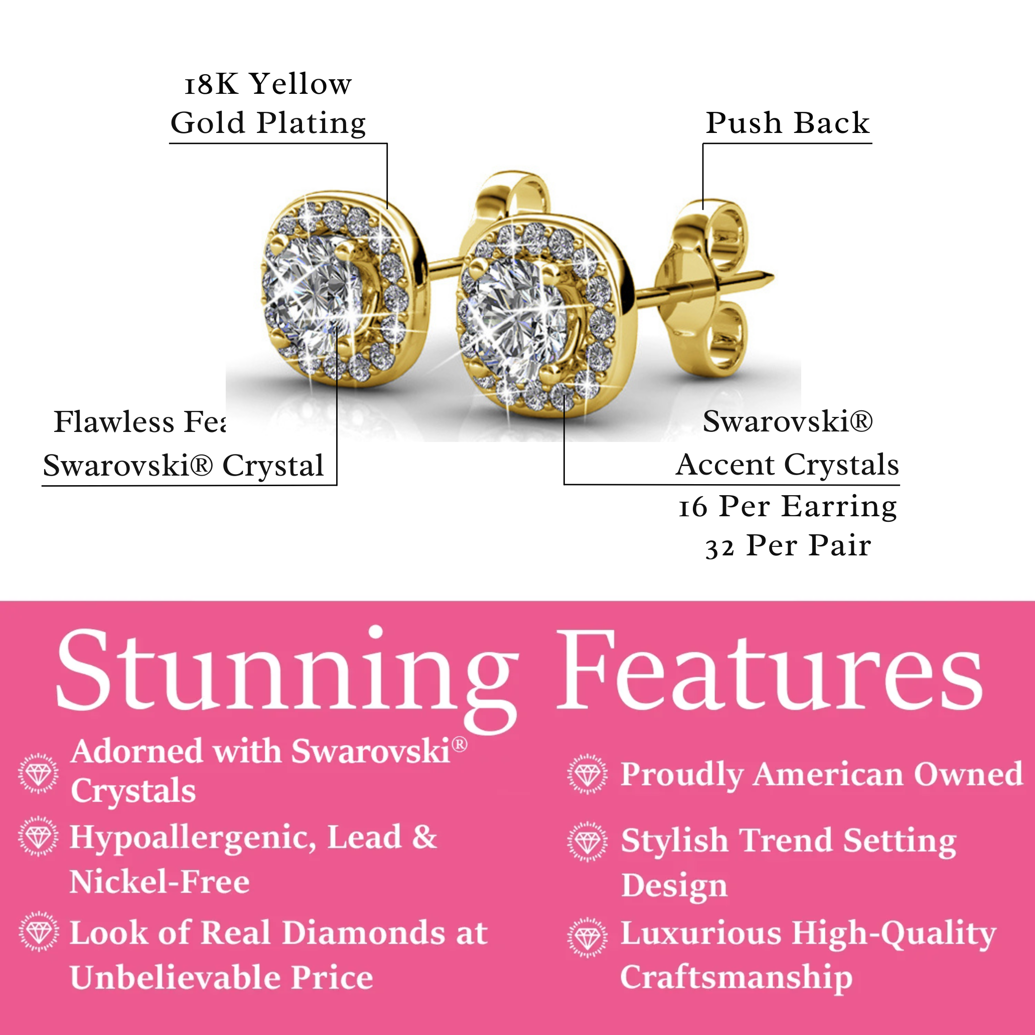 Ruth 18k White Gold Plated Halo Stud Earrings with Swarovski Crystals