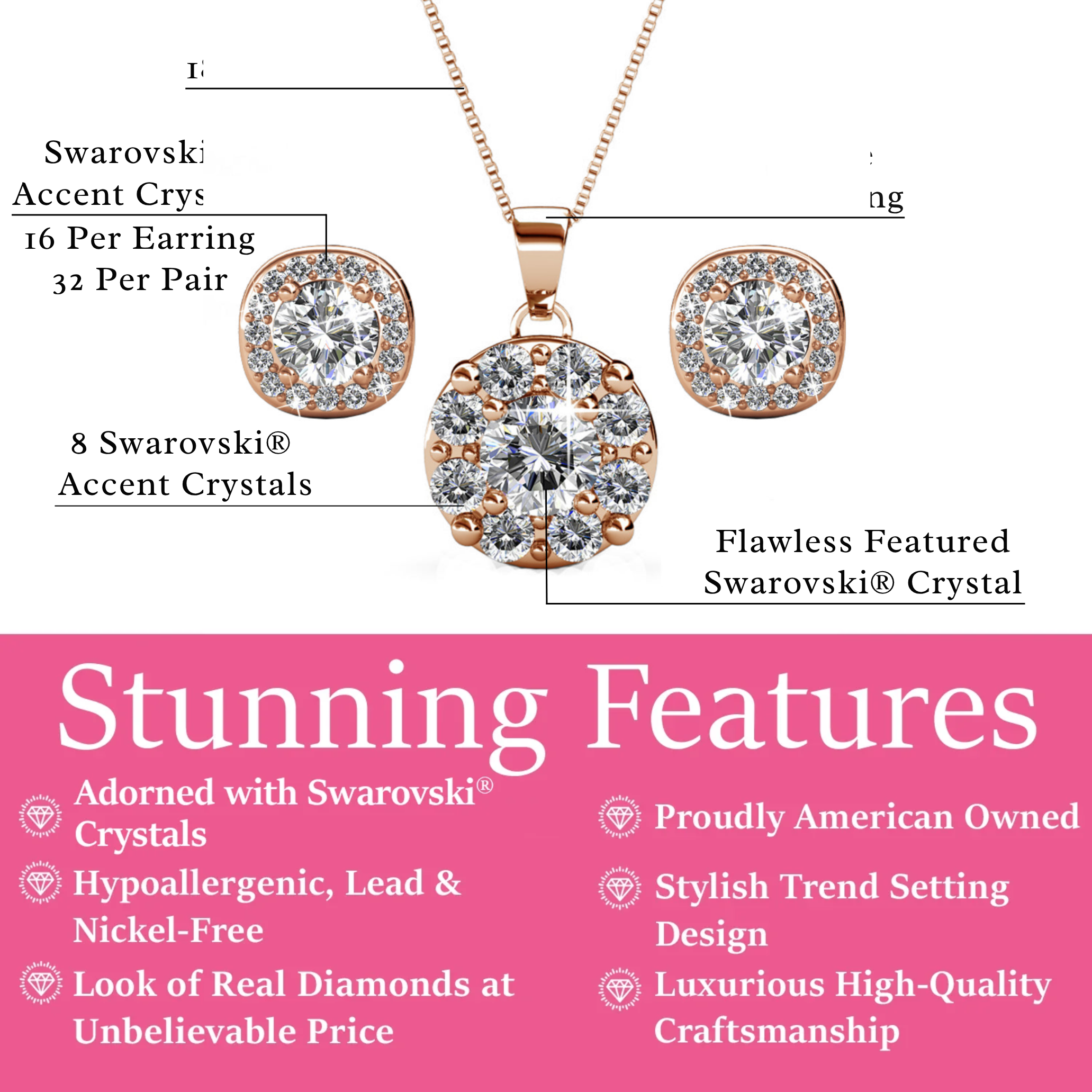 Ruth 18k White Gold Plated Stud Earrings and Necklace Jewelry Set with Swarovski Crystals