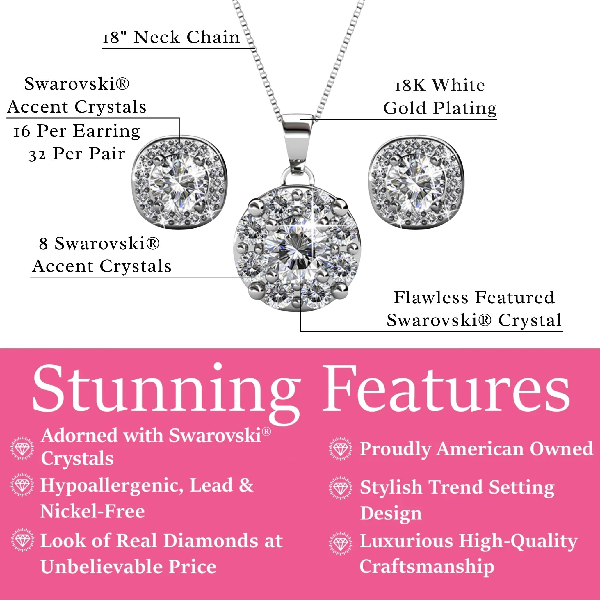 Ruth 18k White Gold Plated Stud Earrings and Necklace Jewelry Set with Swarovski Crystals