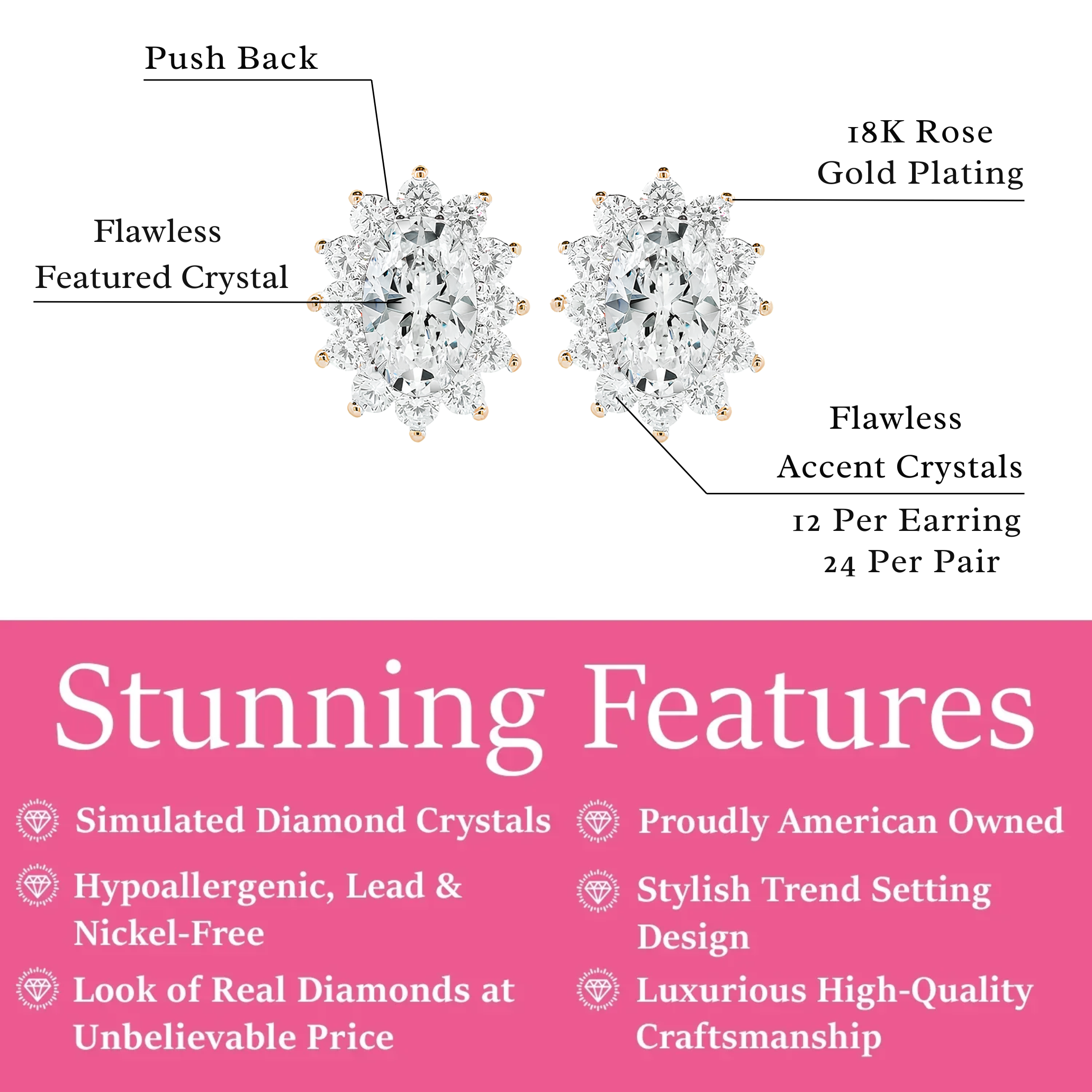 Sage 18k White Gold Plated Stud Earrings with Oval Cut Simulated Diamond Crystals