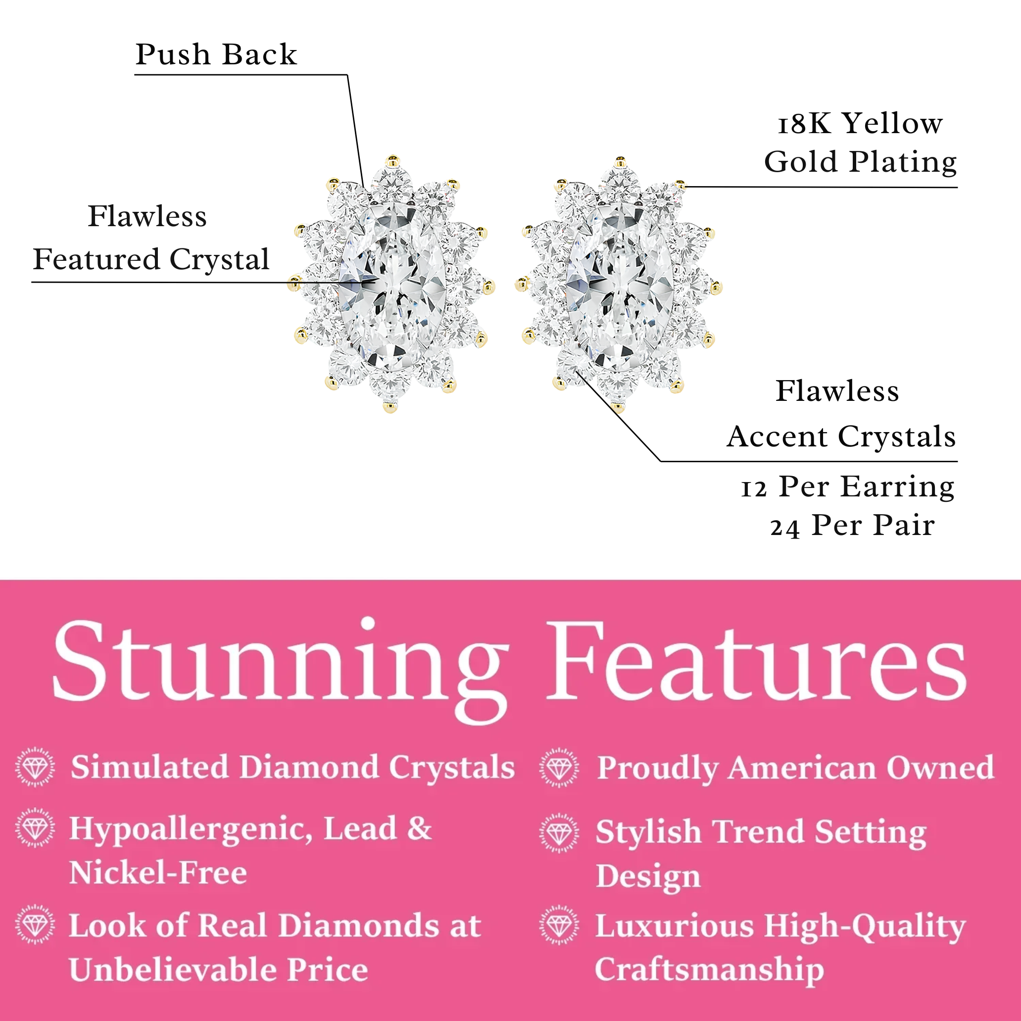 Sage 18k White Gold Plated Stud Earrings with Oval Cut Simulated Diamond Crystals