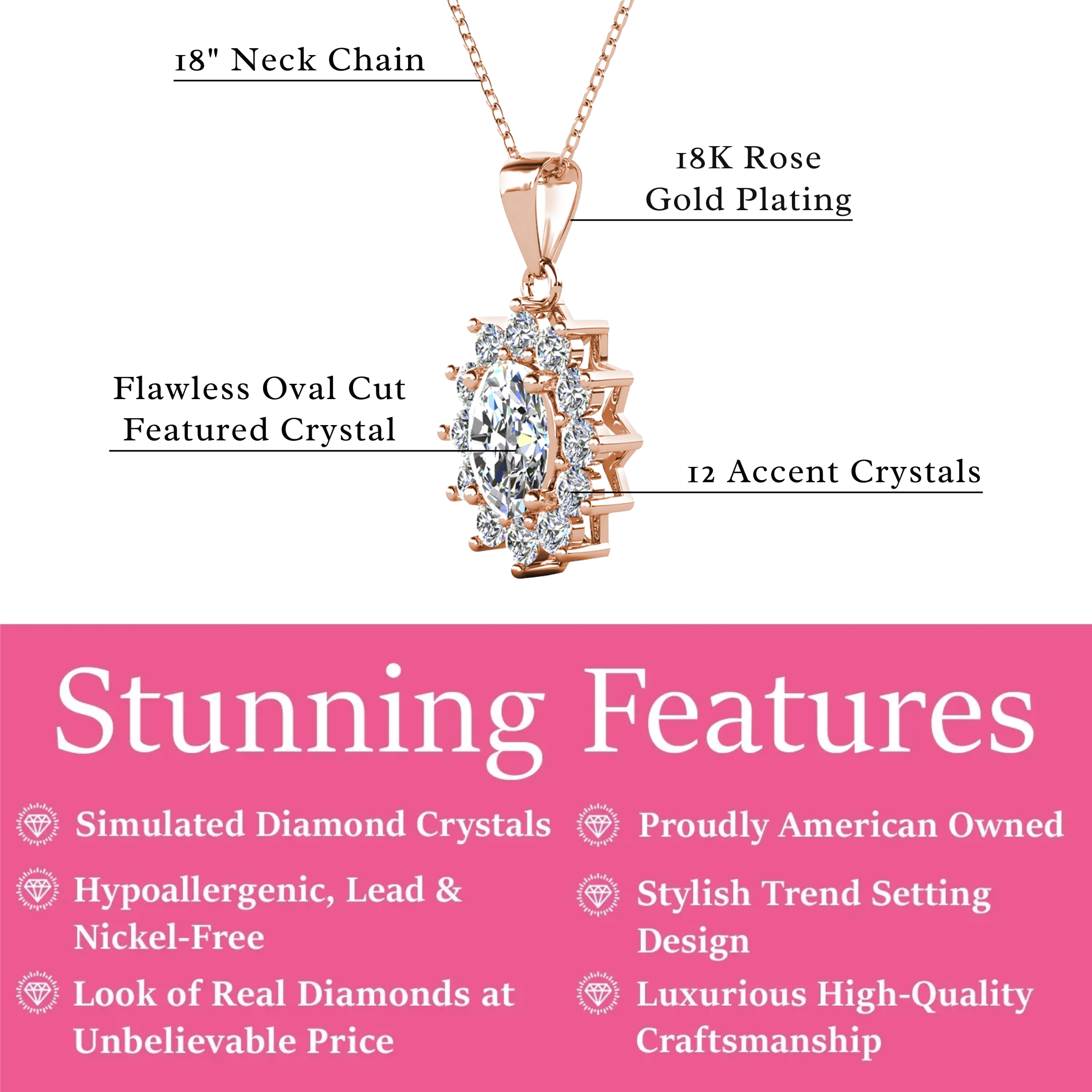 Sage 18k White Gold Plated Pendant Necklace with Oval Cut Simulated Diamond Crystals