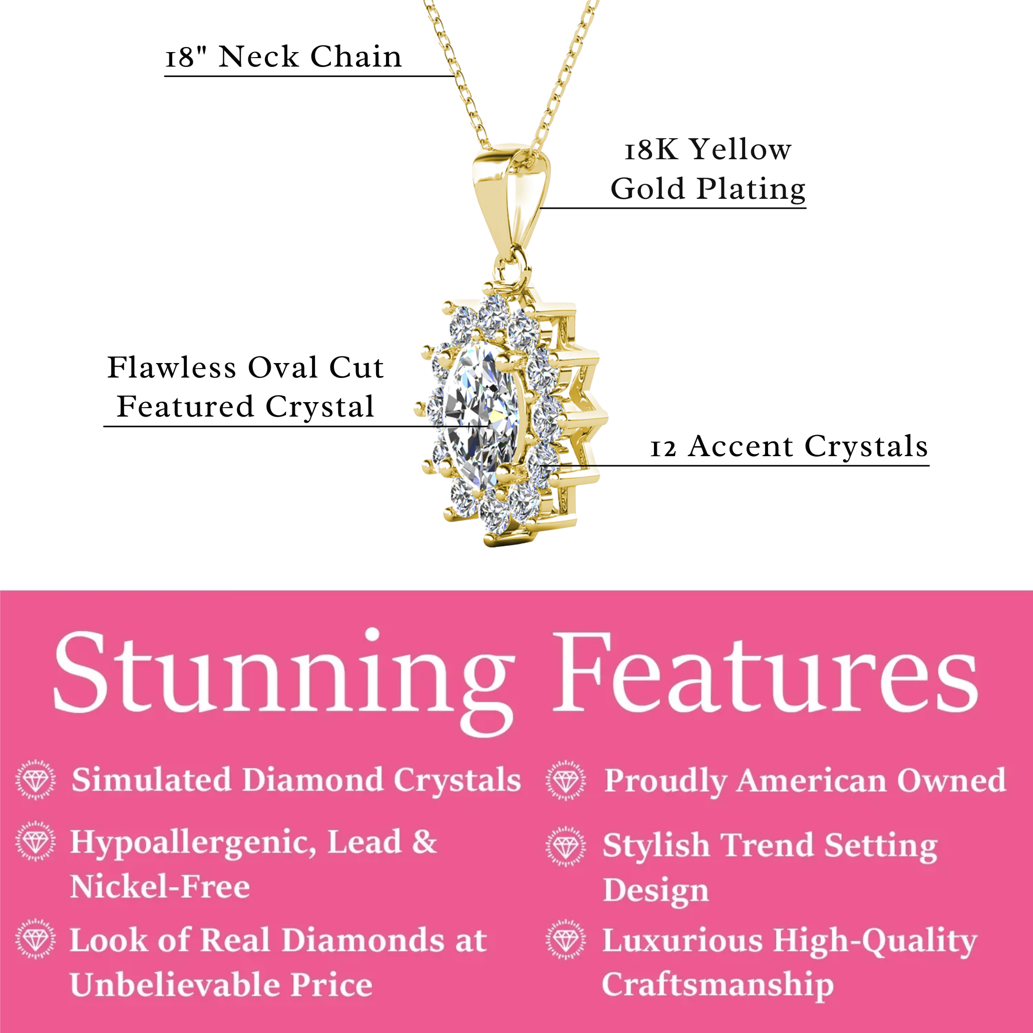 Sage 18k White Gold Plated Pendant Necklace with Oval Cut Simulated Diamond Crystals