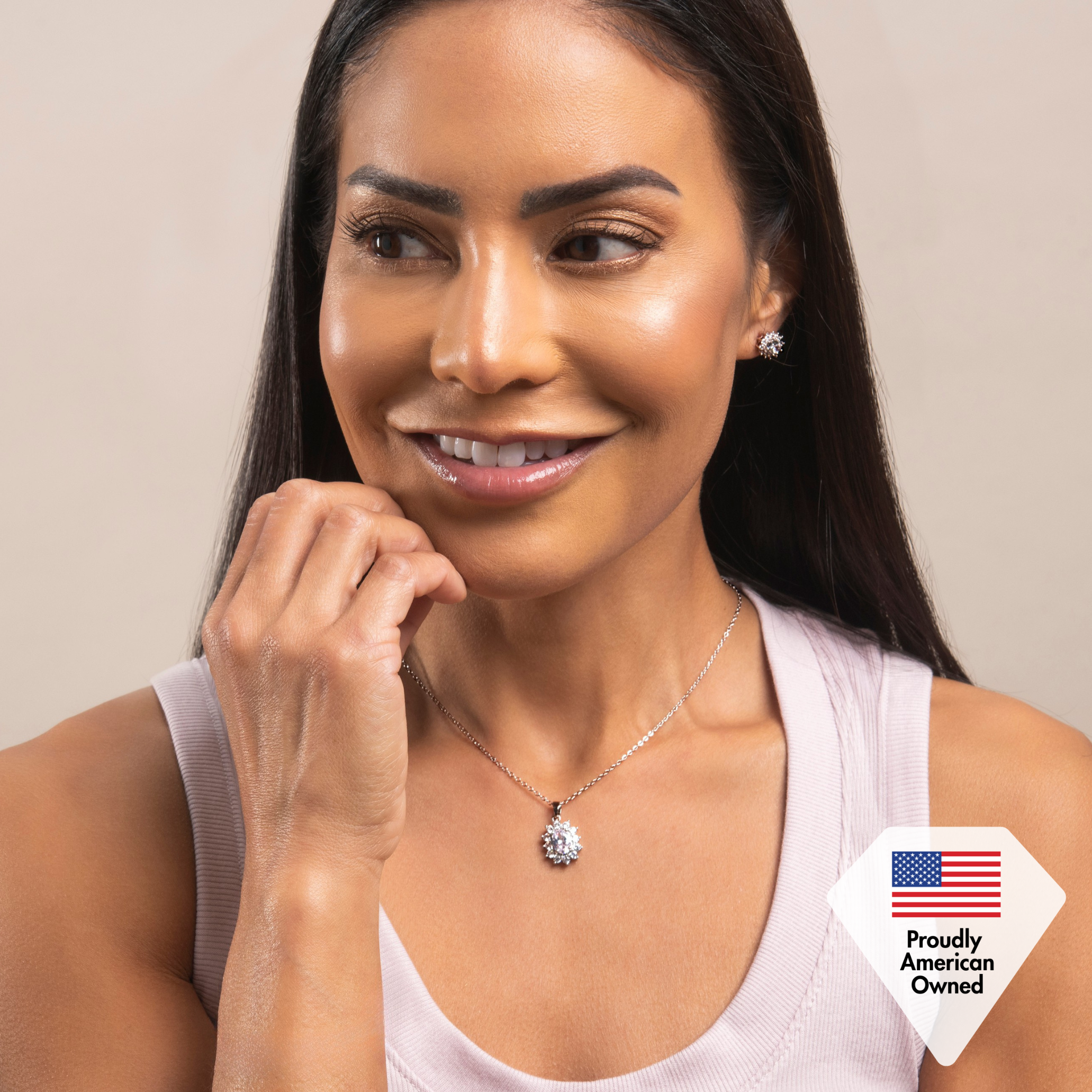 Sage 18k White Gold Plated Stud Earrings and Necklace Set with Oval Cut Simulated Diamond Crystals