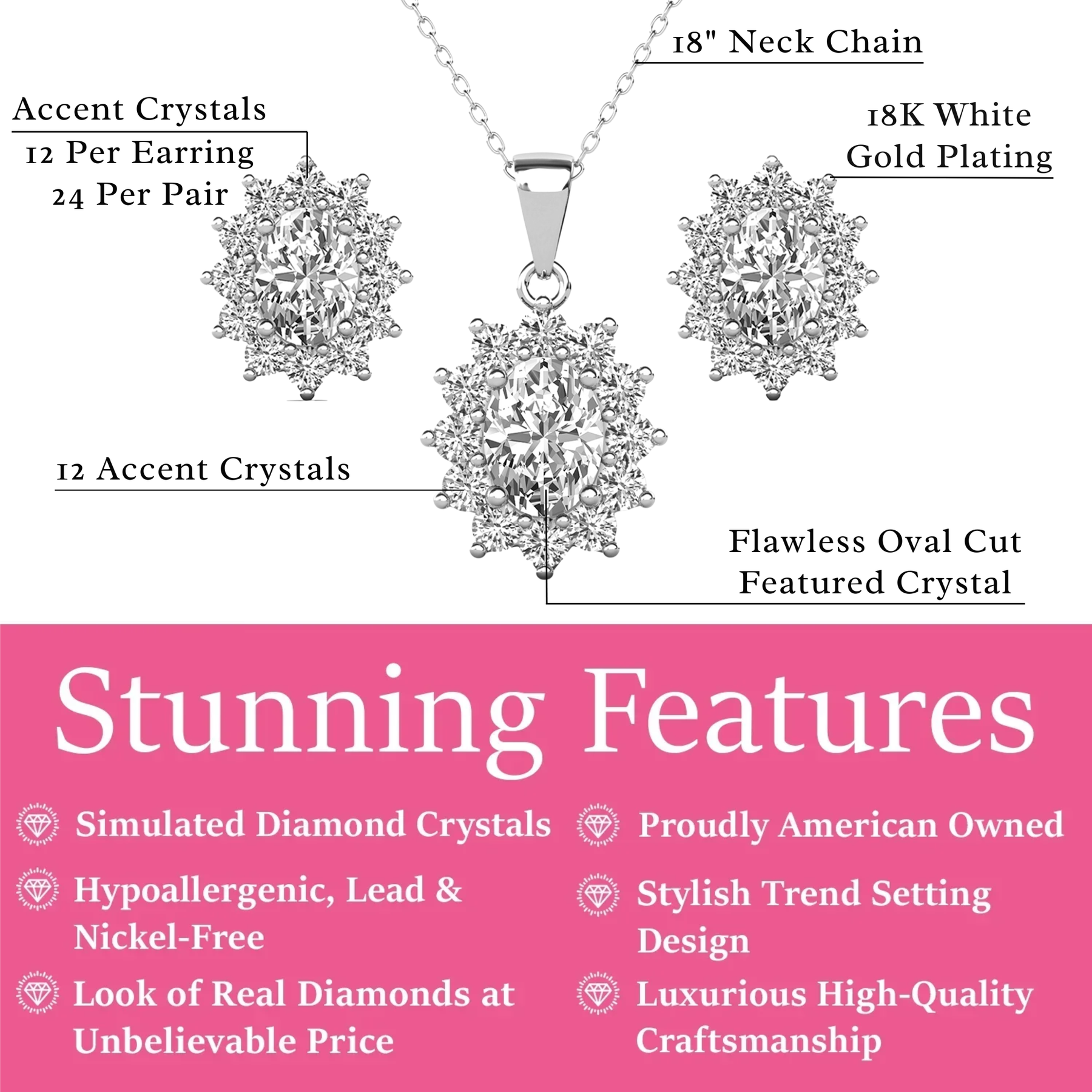 Sage 18k White Gold Plated Stud Earrings and Necklace Set with Oval Cut Simulated Diamond Crystals