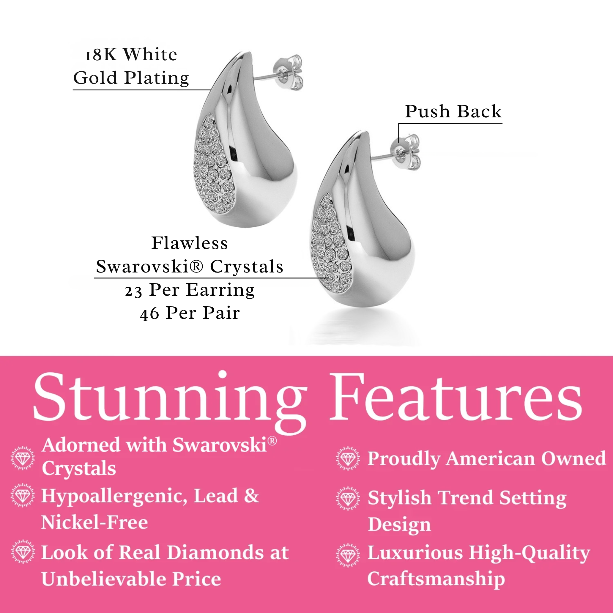 Sally 18k White Gold Plated Tear drop Stud Earrings with Swarovski Crystals