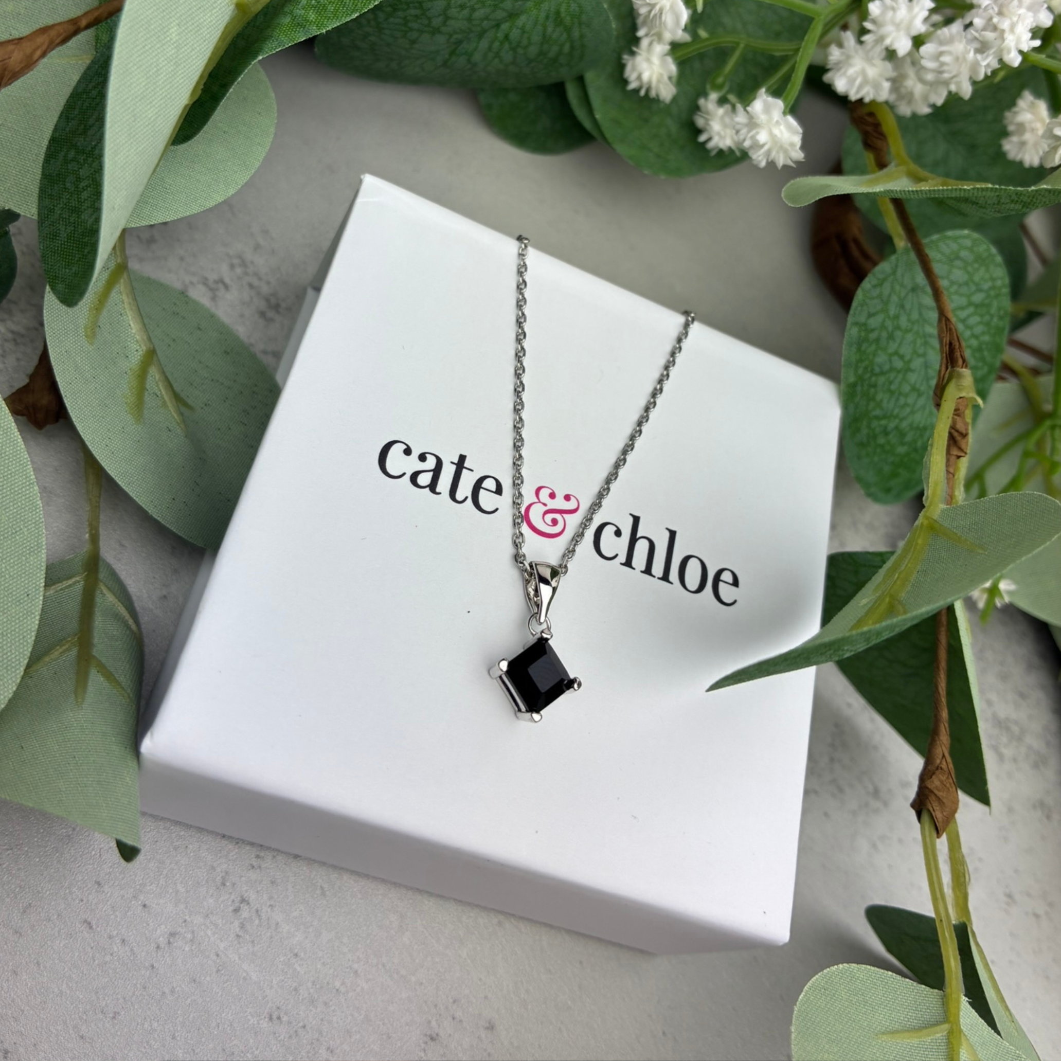 Samantha 18k White Gold Plated Pendant Necklace with Black Swarovski Crystal