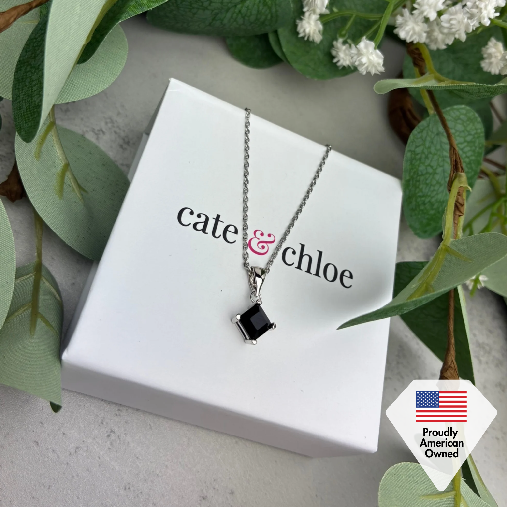 Samantha 18k White Gold Plated Pendant Necklace with Black Swarovski Crystal