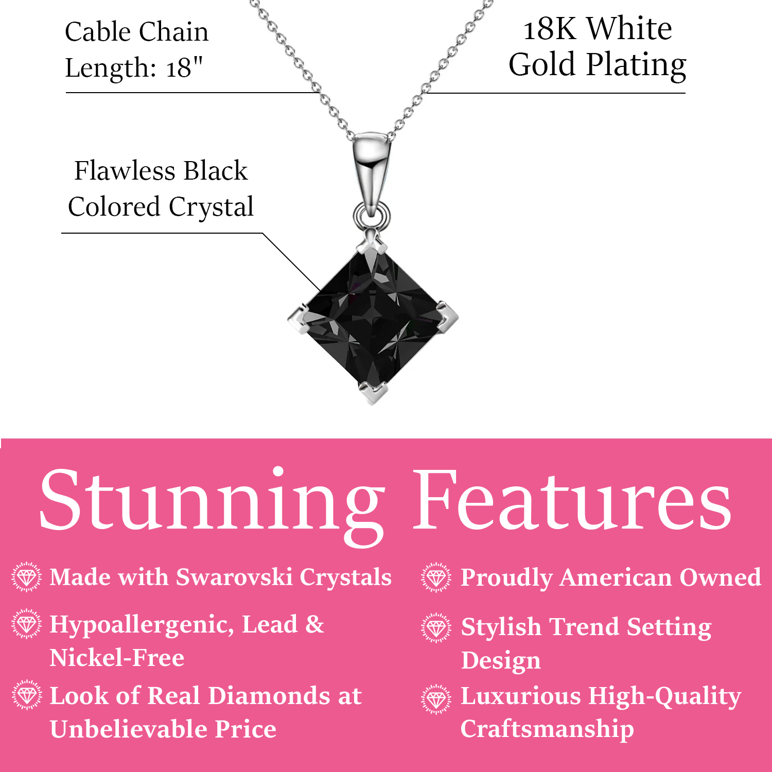 Samantha 18k White Gold Plated Drop Necklace with Black Swarovski Crystal