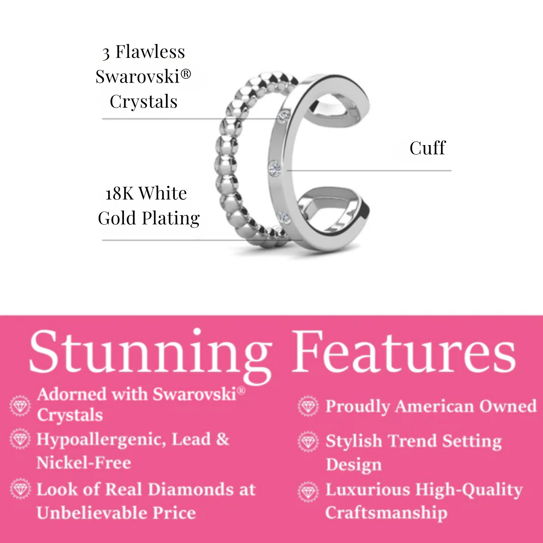 Sasha 18k White Gold Plated 10mm Hoop Ear Cuff with Swarovski Crystals