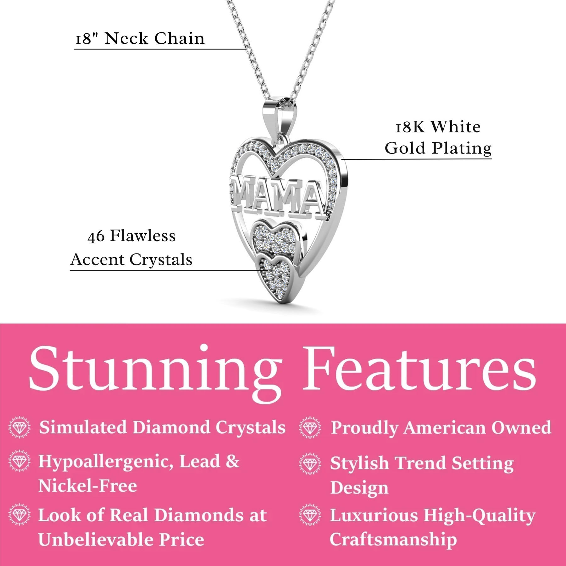 Selena 18k White Gold Plated Mama Heart Pendant Necklace with Simulated Diamond Crystals