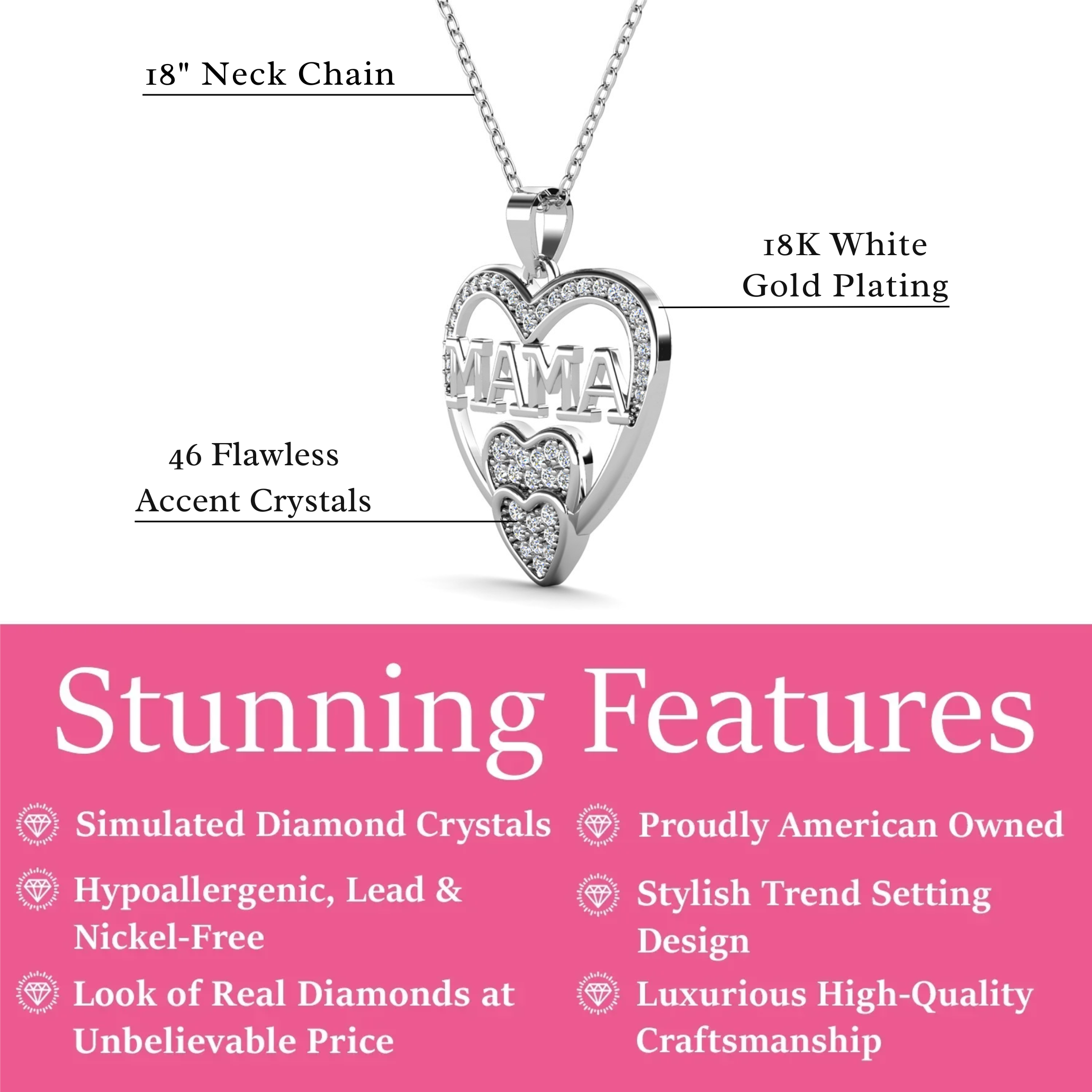 Selena 18k White Gold Plated Mama Necklace with Simulated Diamond Crystals & Heartfelt Message for Mom