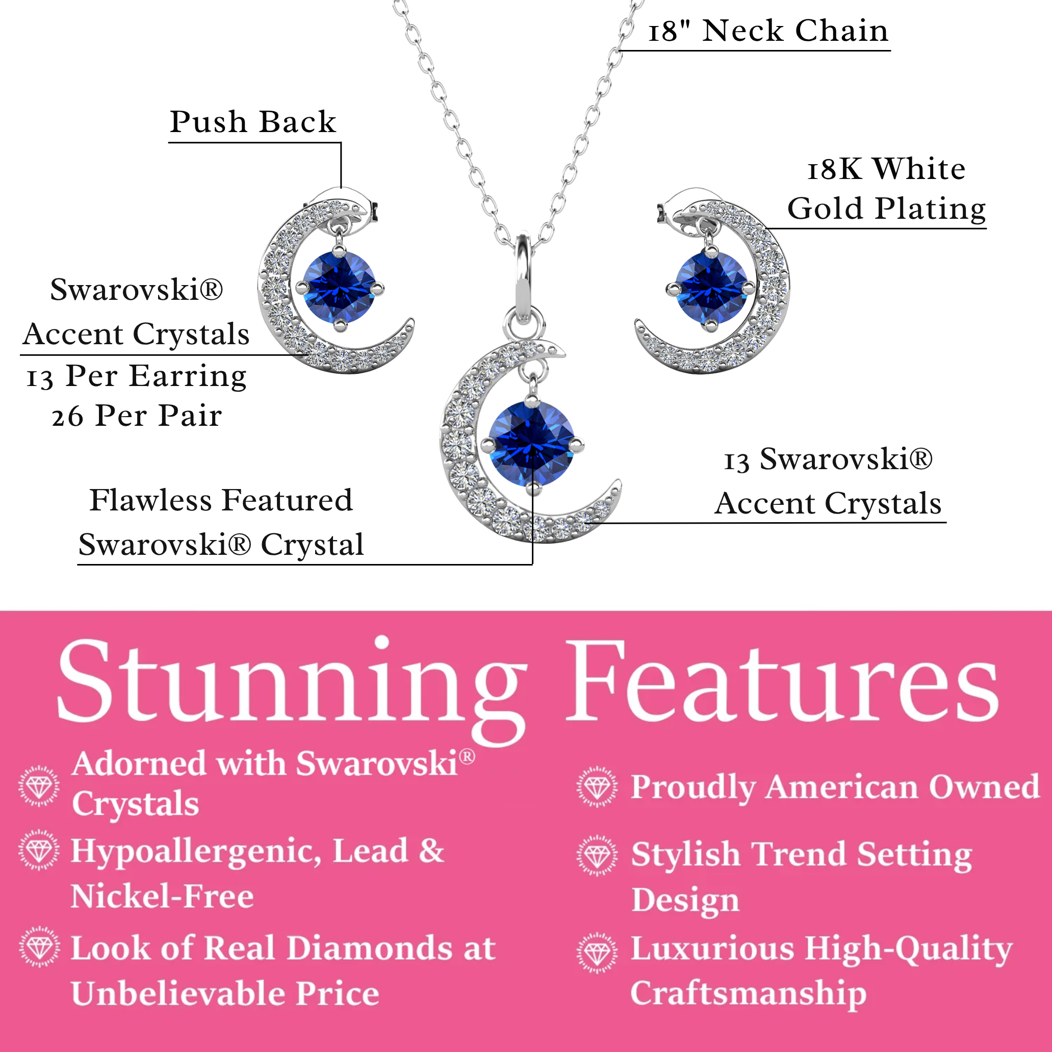 Luna Birthstone 18k White Gold Plated Silver Crescent Earrings and Necklace Set with Swarovski Crystals