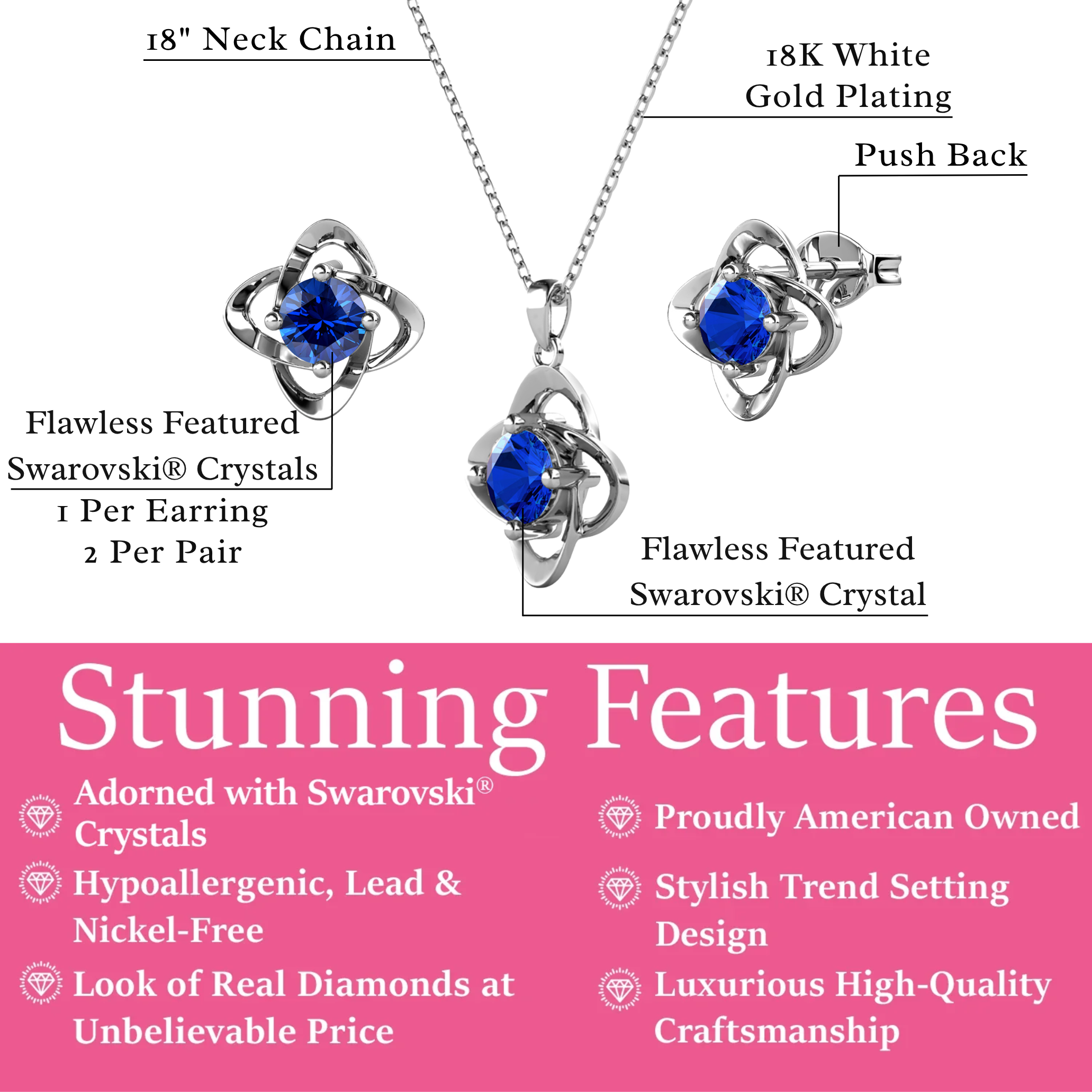 Infinity Birthstone 18k White Gold Plated Stud Earrings and Necklace Set with Swarovski Crystals