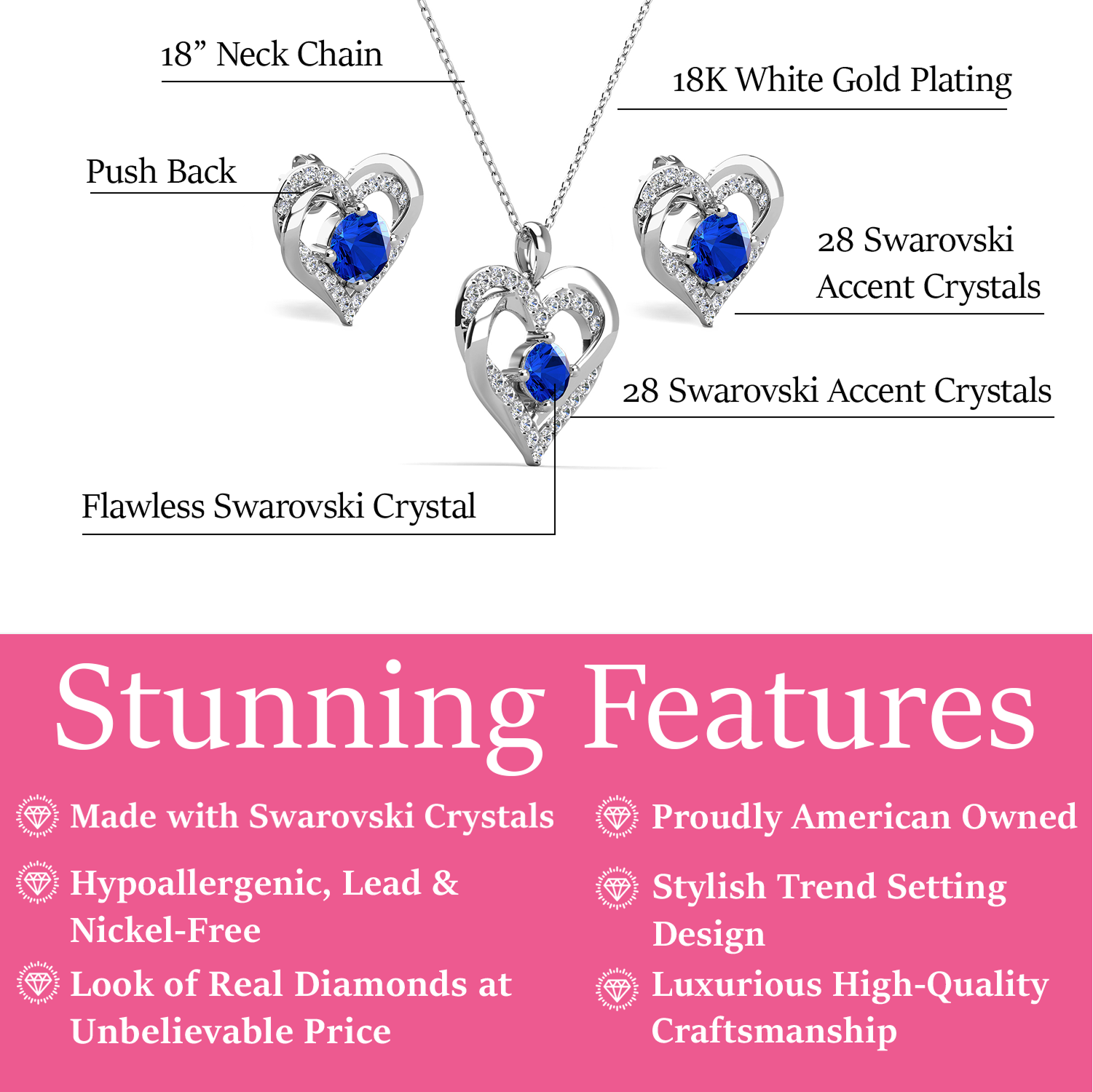 Forever Birthstone 18k White Gold Plated Silver Double Heart Earrings and Necklace Set with Swarovski Crystals