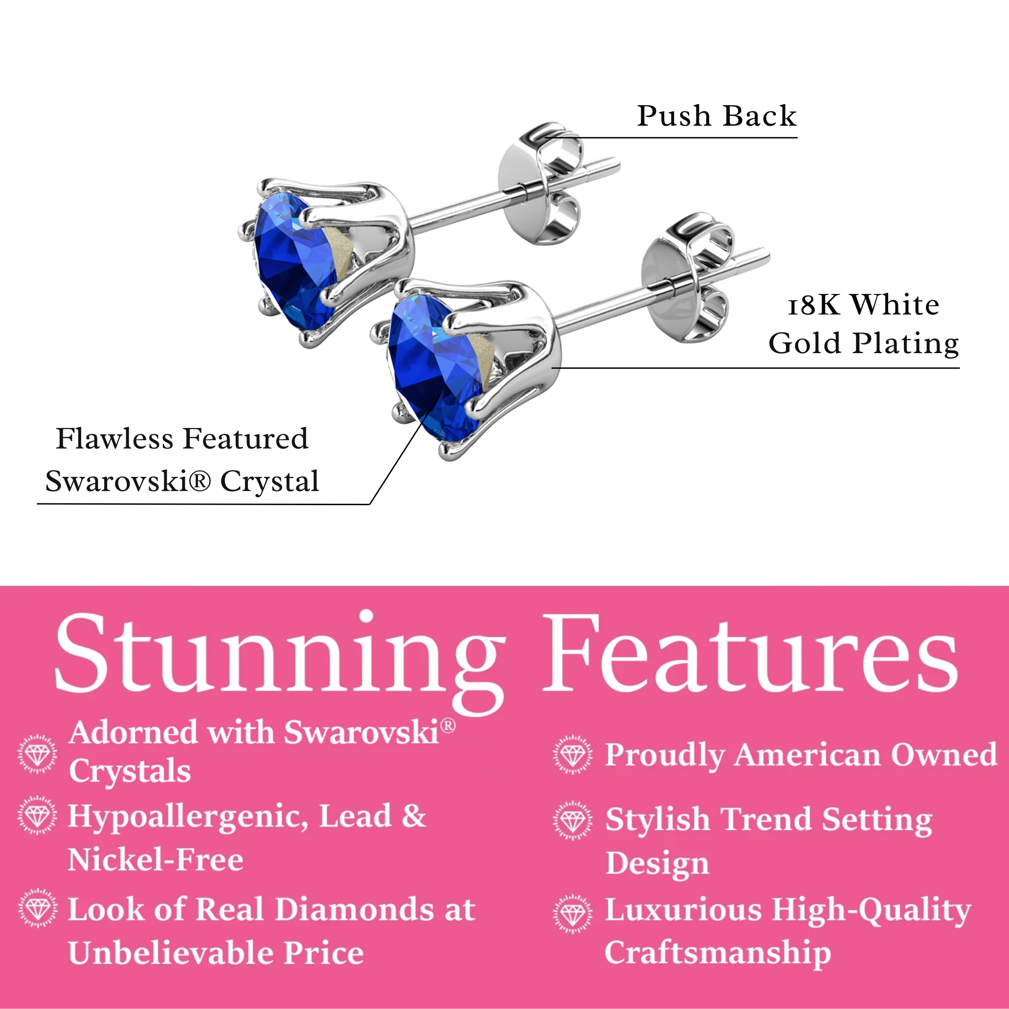 Birthstone Earrings 18k White Gold Plated Stud Earrings with 1ct Solitaire Swarovski Crystals