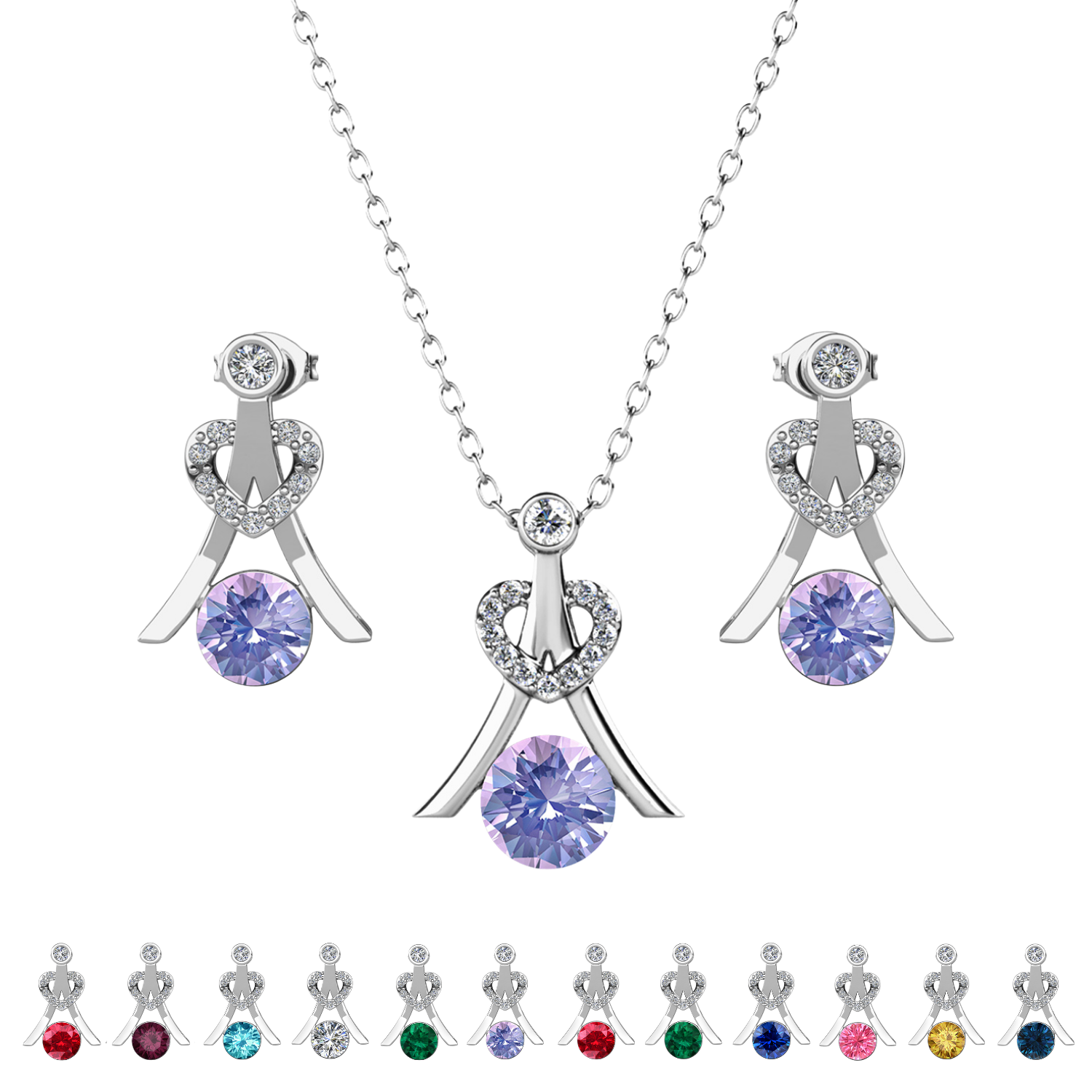 Serenity Birthstone 18k White Gold Plated Drop Earrings and Necklace Set with Swarovski Crystals