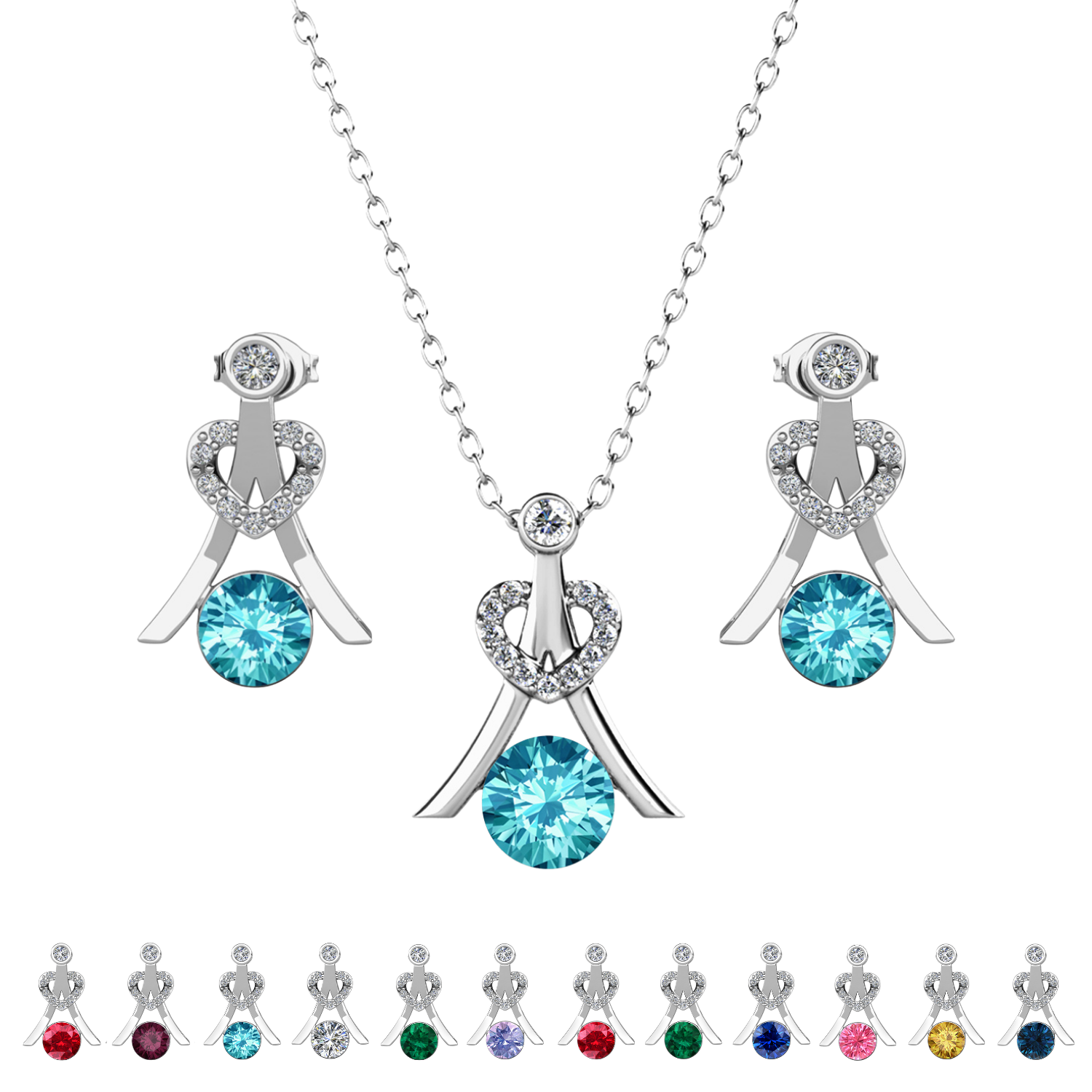 Serenity Birthstone 18k White Gold Plated Drop Earrings and Necklace Set with Swarovski Crystals