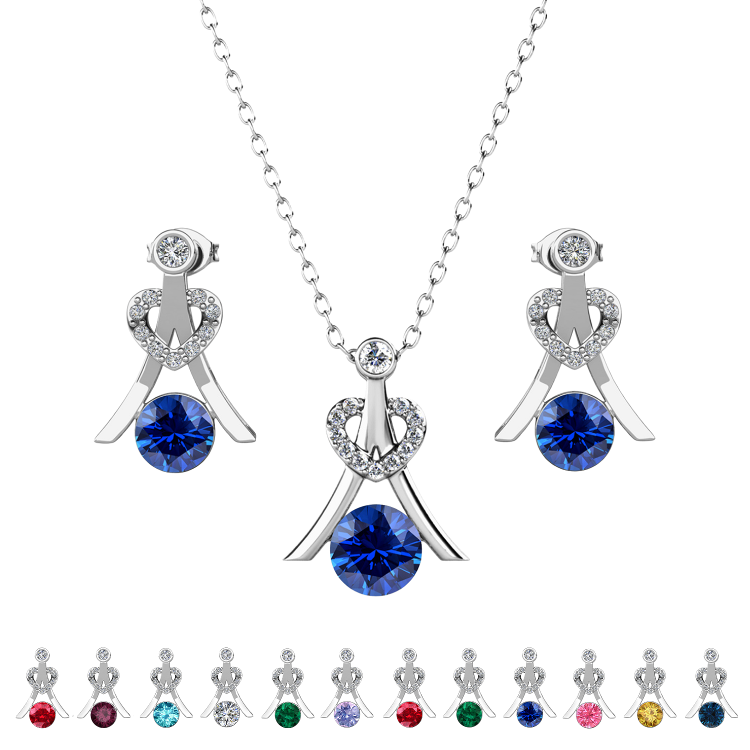 Serenity Birthstone 18k White Gold Plated Drop Earrings and Necklace Set with Swarovski Crystals
