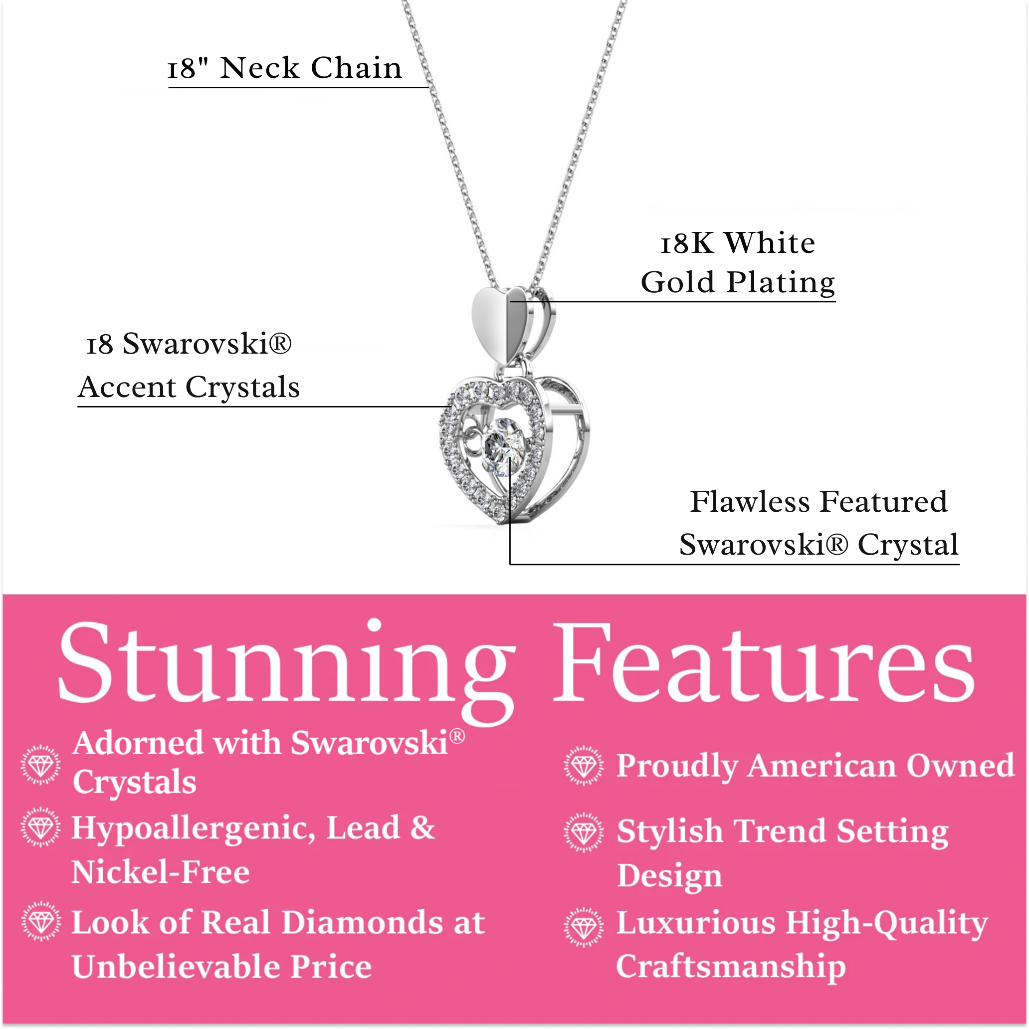 Shelby 18k White Gold Plated Heart Dancing Necklace with Swarovski Crystals