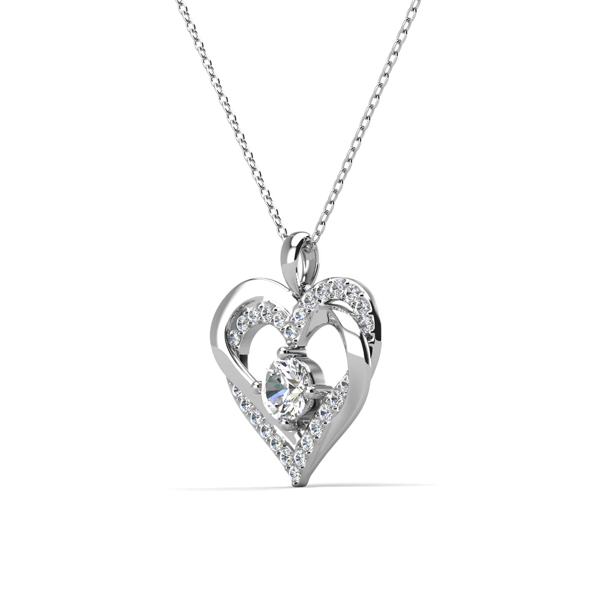 Forever April Birthstone 18k White Gold Plated Silver Double Heart Diamond Necklace with Swarovski Crystals