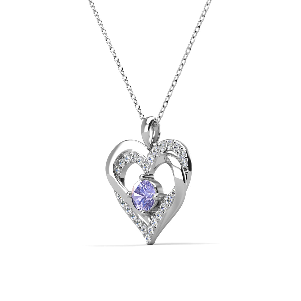 Forever 18k White Gold Plated Birthstone Double Heart Necklace with Swarovski Crystals