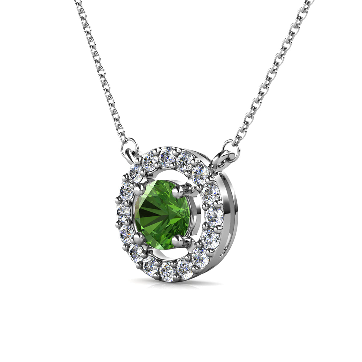 Royal 18k White Gold Plated August Birthstone Halo Necklace with Round Cut Peridot Swarovski Crystals