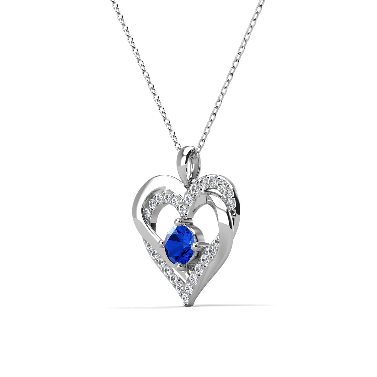 Forever September Birthstone 18k White Gold Plated Silver Double Heart Diamond Necklace with Swarovski Crystals