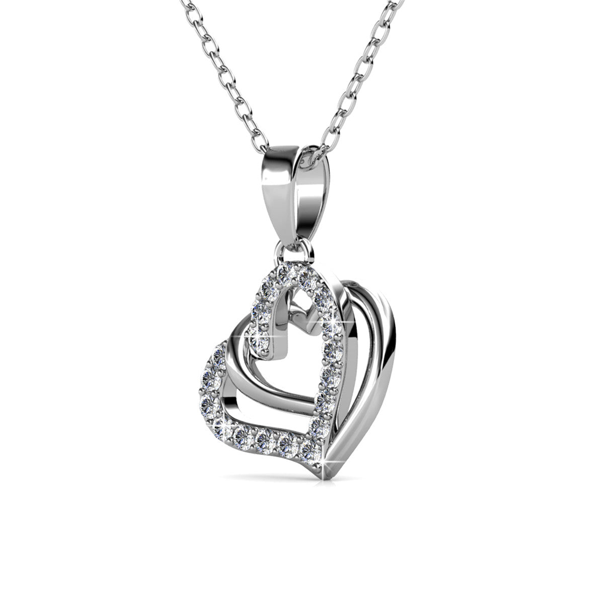 Angela 18k White Gold Plated Silver Double Heart Necklace with Swarovski Crystals