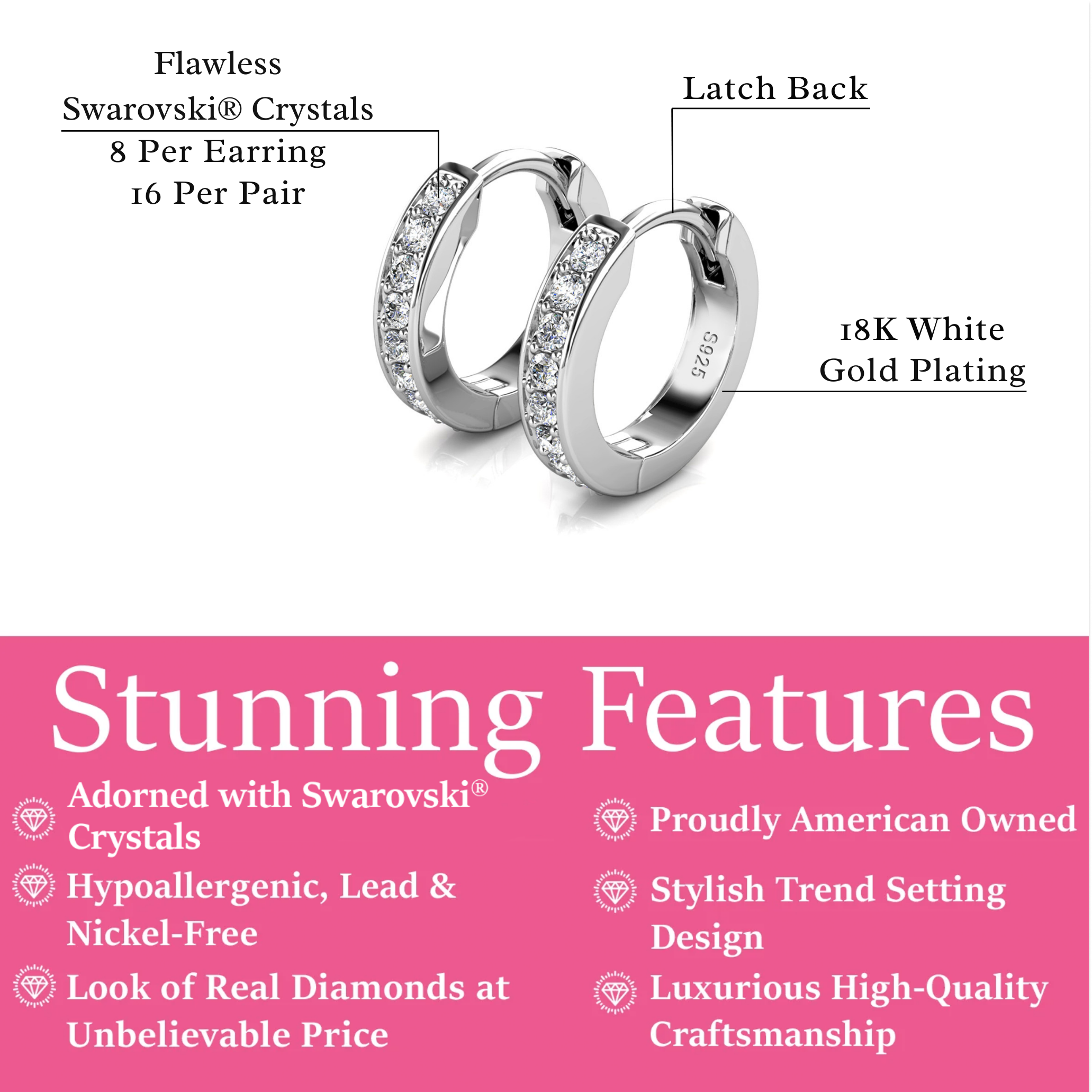 Skye 18k White Gold Plated 12mm Crystal Hoop Earrings with Swarovski Crystals