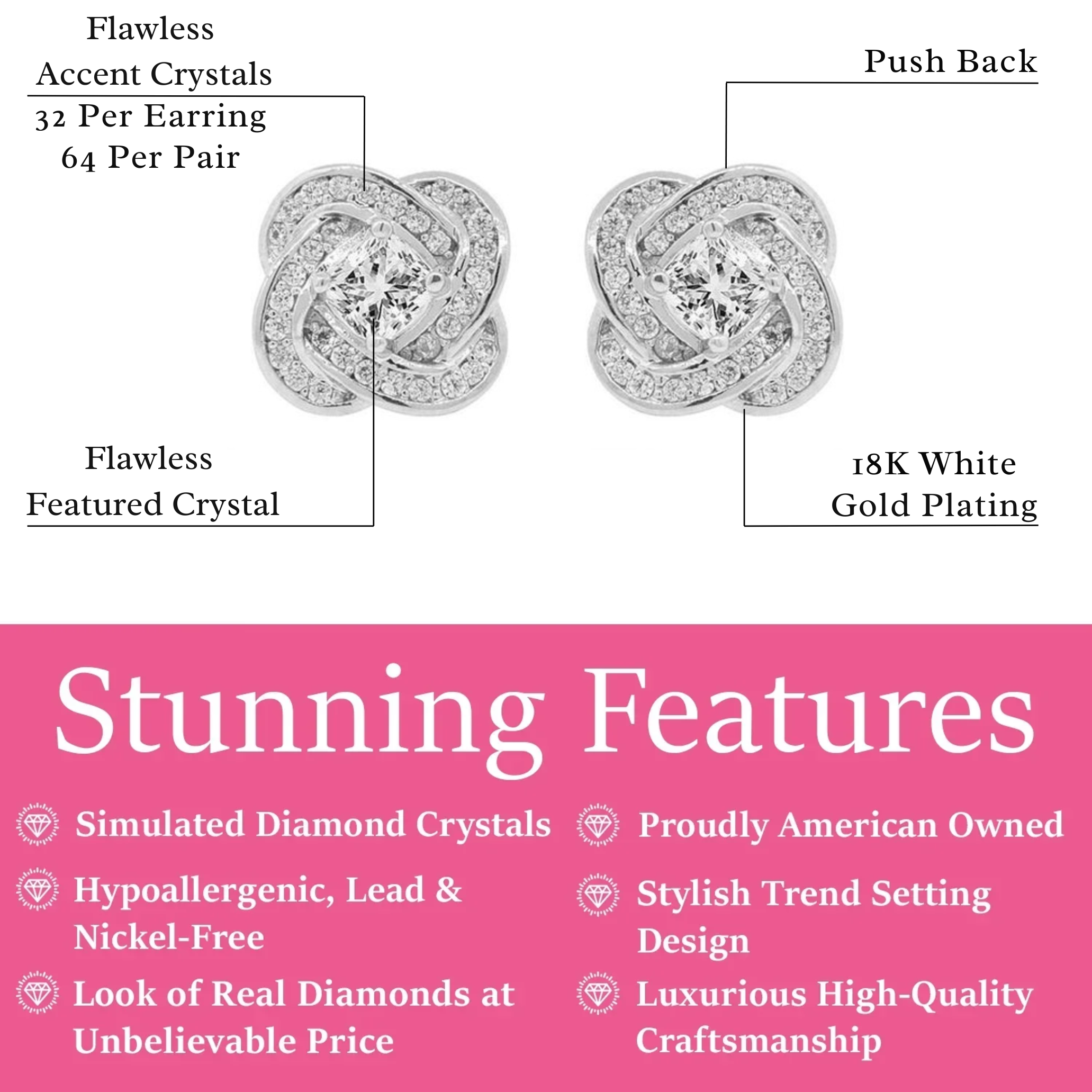 Stella 18k White Gold Plated Stud Earrings with Simulated Diamond Crystals