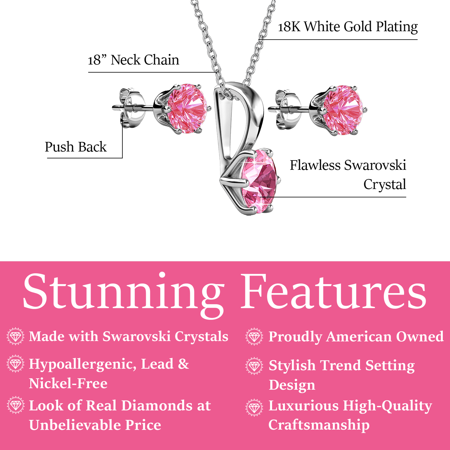 Birthstone 18k White Gold Plated Stud Earrings and Necklace Set with 1CT Swarovski Crystals