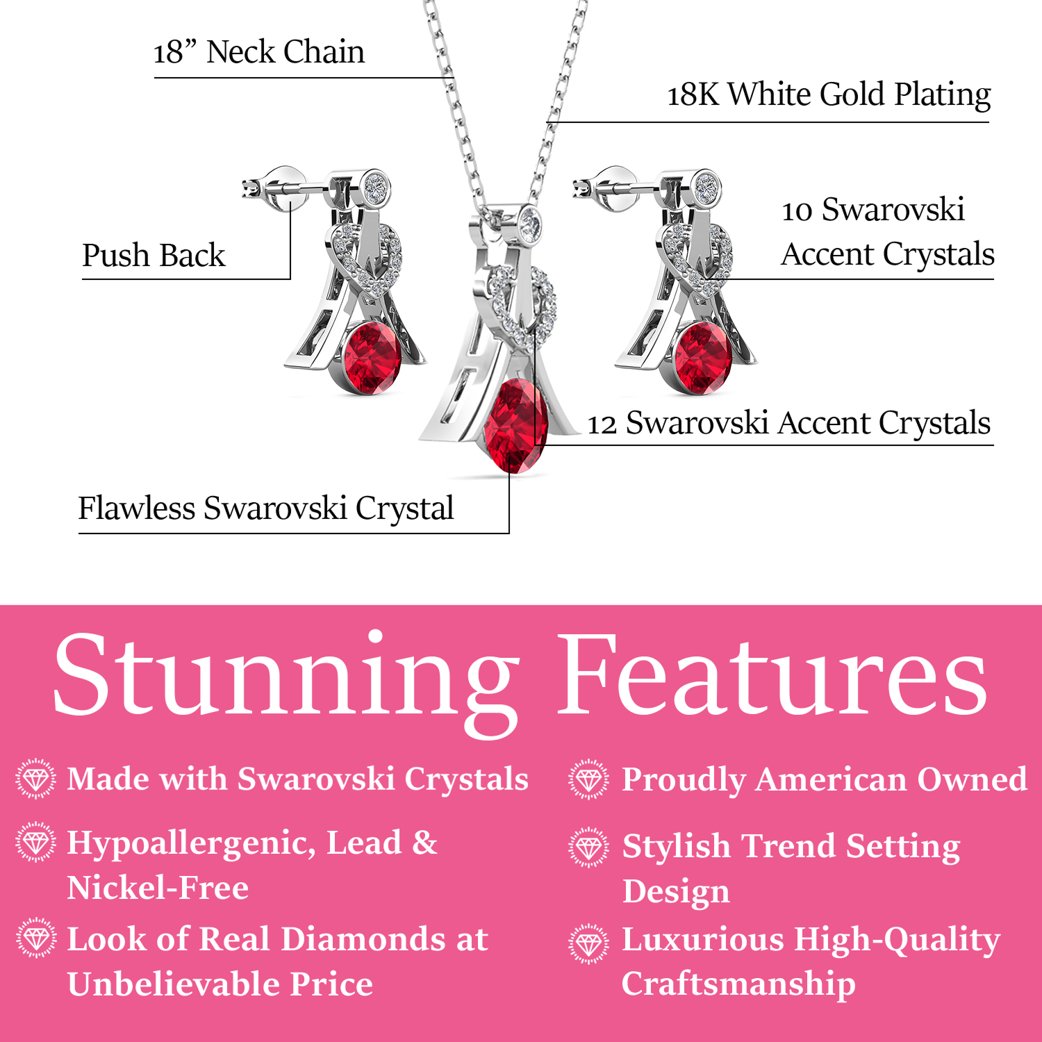 Serenity Birthstone 18k White Gold Plated Silver Earrings and Necklace Set with Swarovski Crystals