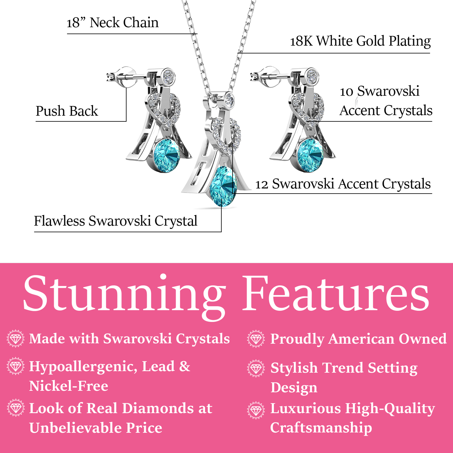 Serenity Birthstone 18k White Gold Plated Silver Earrings and Necklace Set with Swarovski Crystals