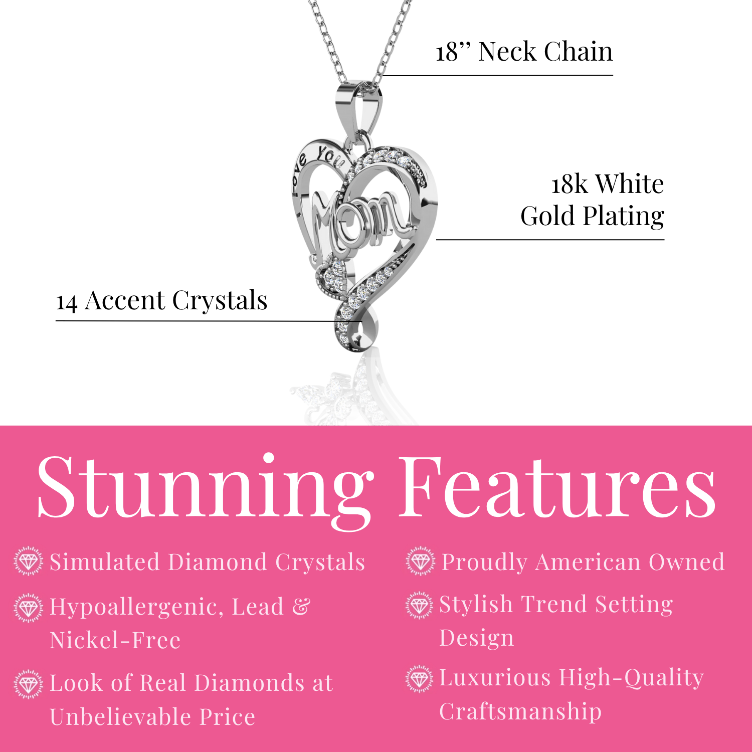 Karina 18k White Gold Plated Mom Heart Pendant Necklace with Swarovski Crystals