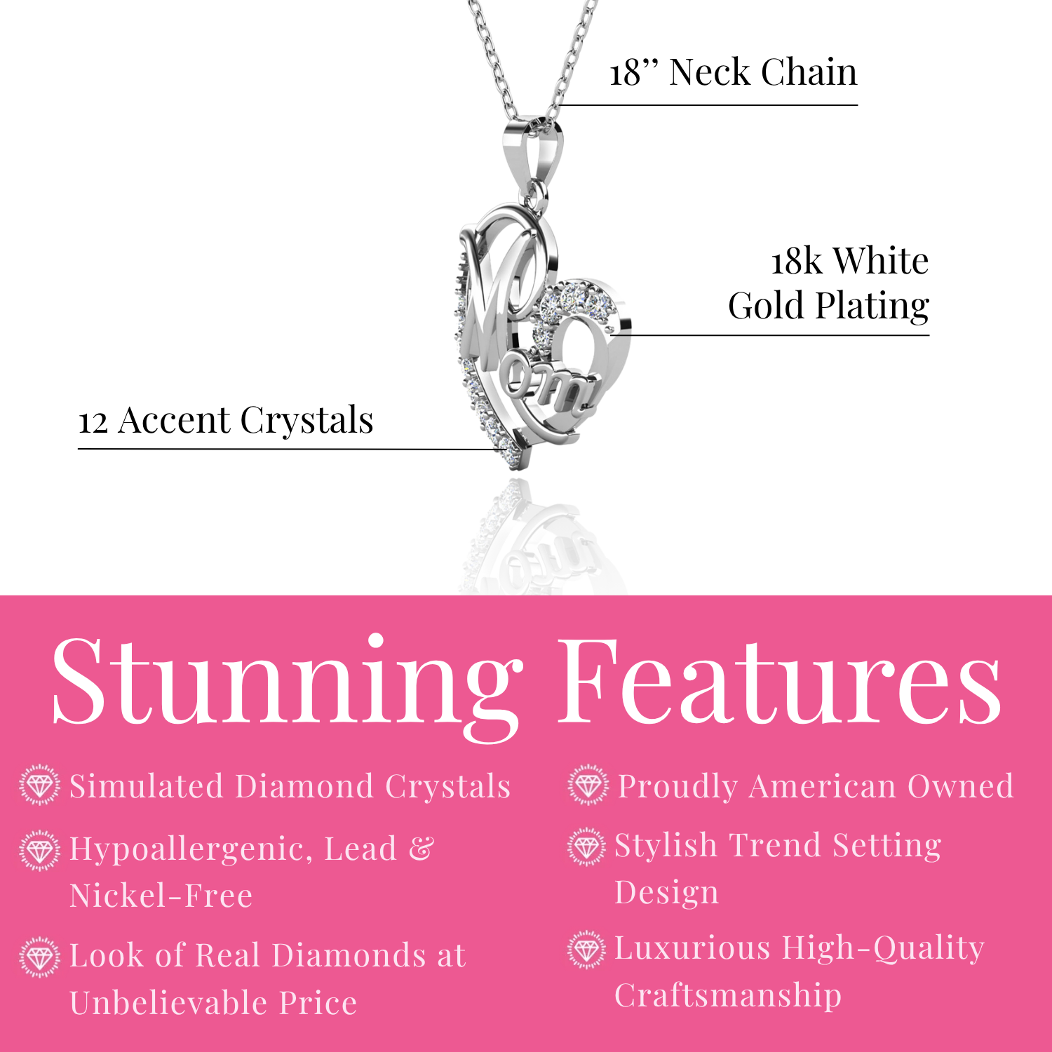 Persephone 18k White Gold Plated Mom Heart Pendant Necklace with Swarovski Crystals
