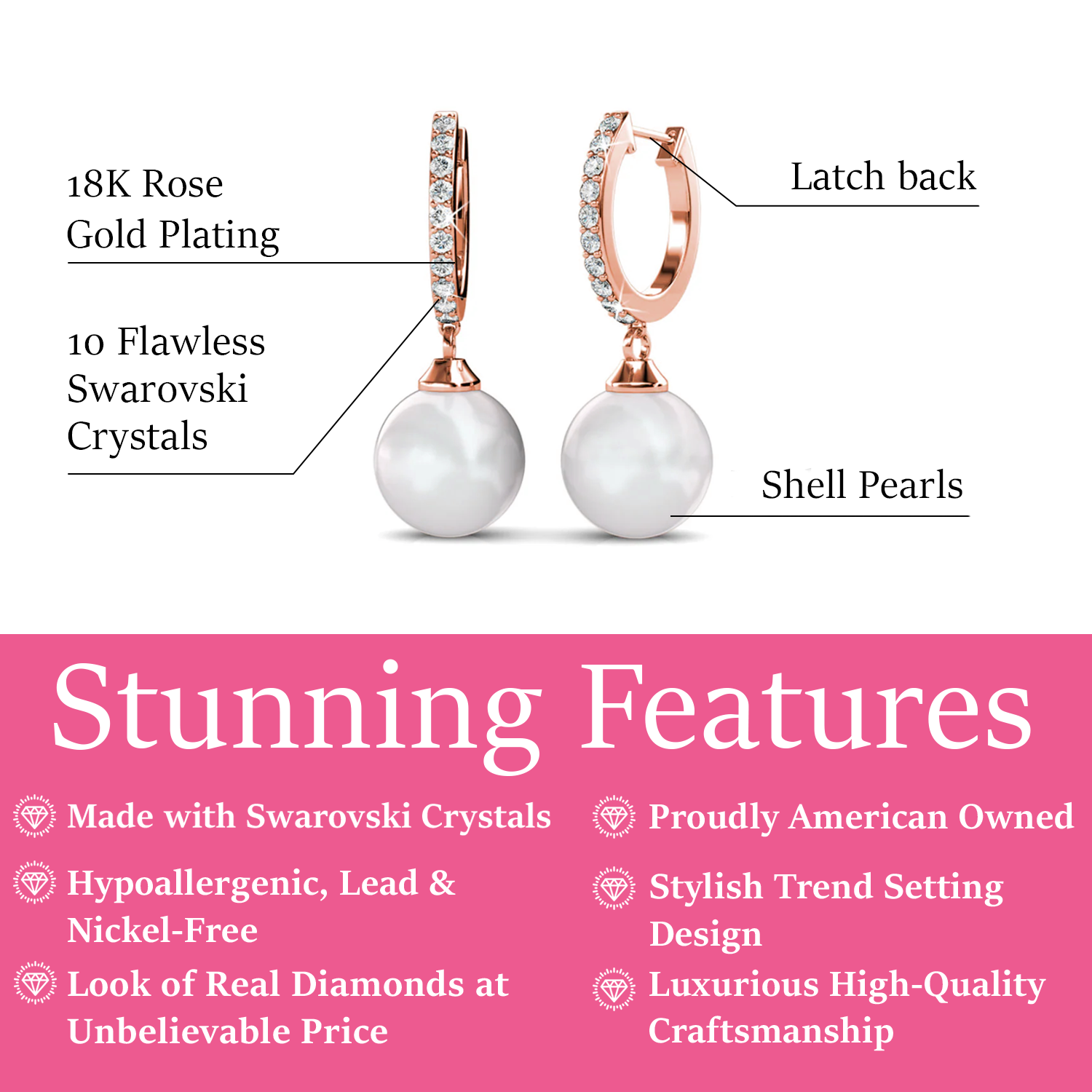 Daphne 18K White Gold Plated Pearl Drop Earrings with Swarovski Crystals