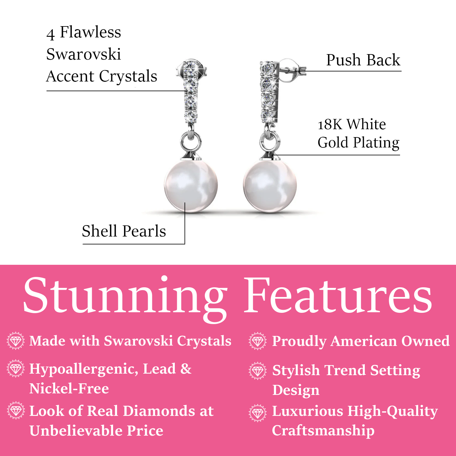 Gabrielle 18k White Gold Pearl Drop Earrings with Swarovski Crystals