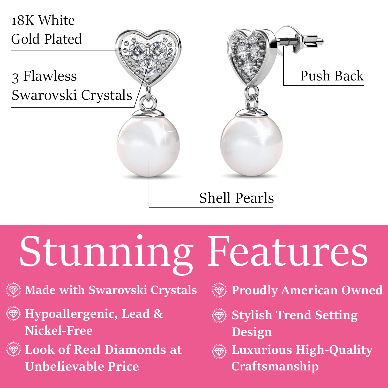 Kenley 18k White Gold Pearl Stud Earrings with Heart Shaped Swarovski Crystals