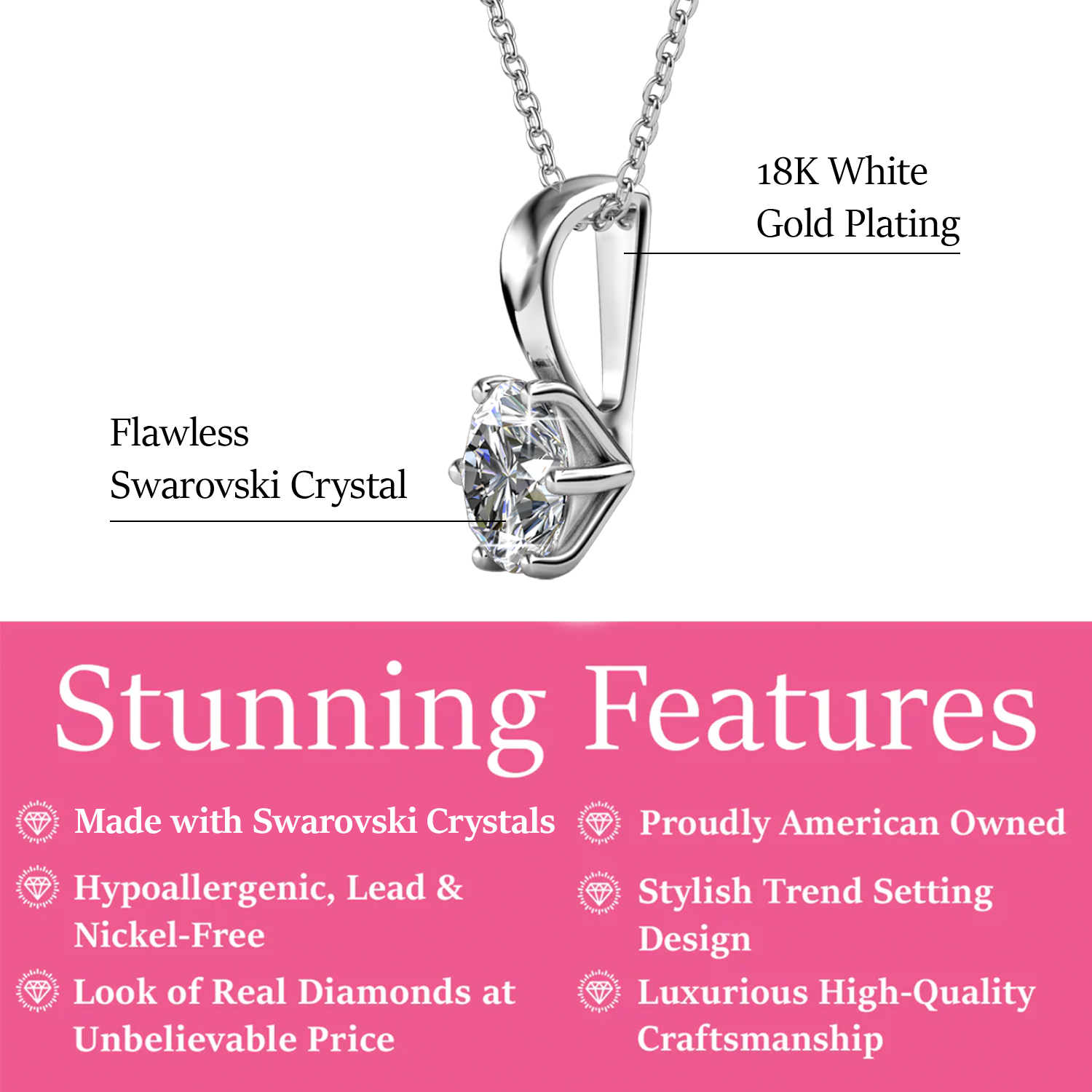 Birthstone Necklace 18k White Gold Plated Solitaire Necklace with 1CT Swarovski Crystal