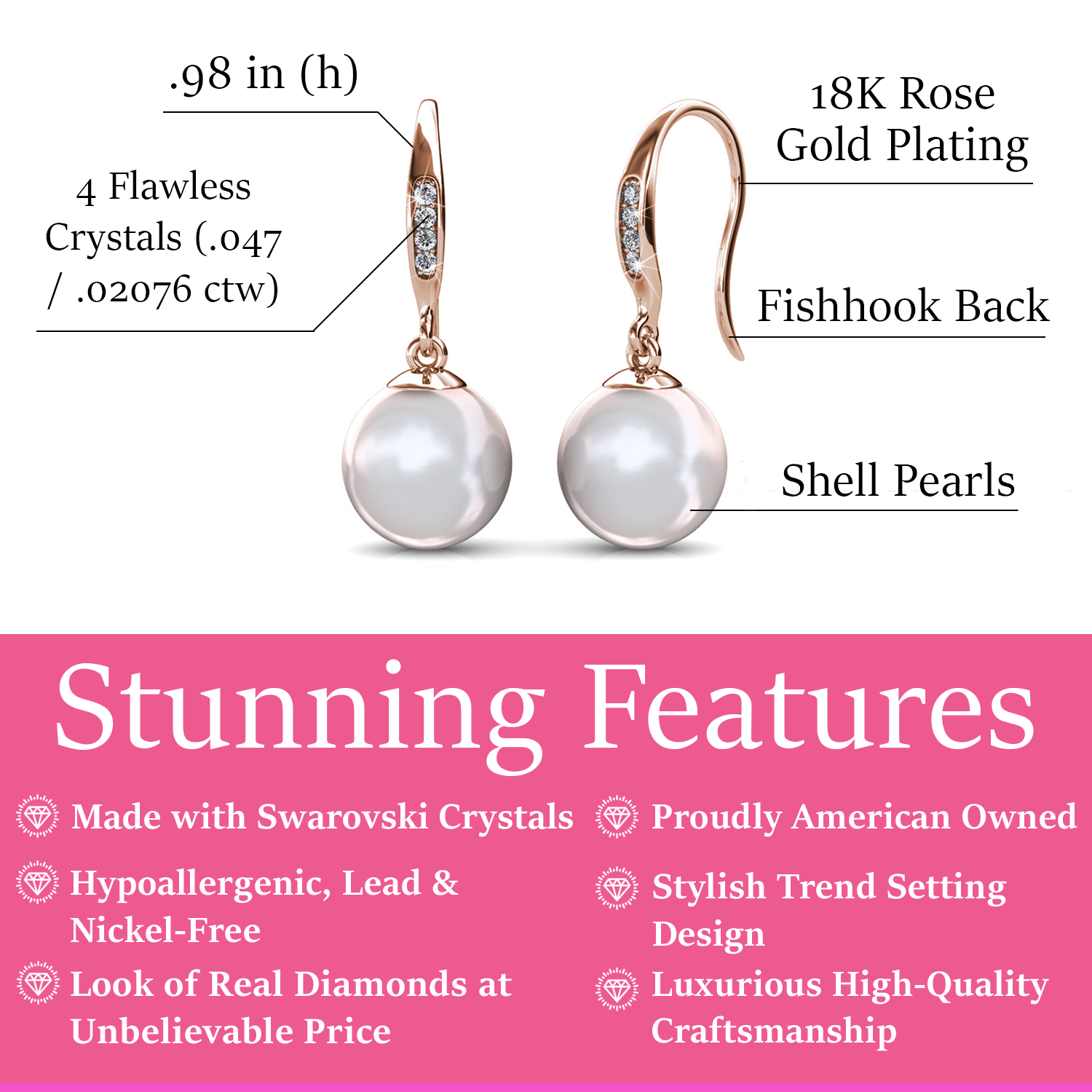 Betty 18k White Gold Plated Freshwater Pearl Drop Dangle Earrings with Swarovski Crystals