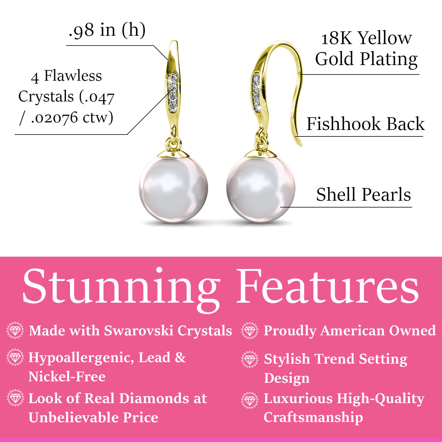 Betty 18k White Gold Plated Freshwater Pearl Drop Dangle Earrings with Swarovski Crystals