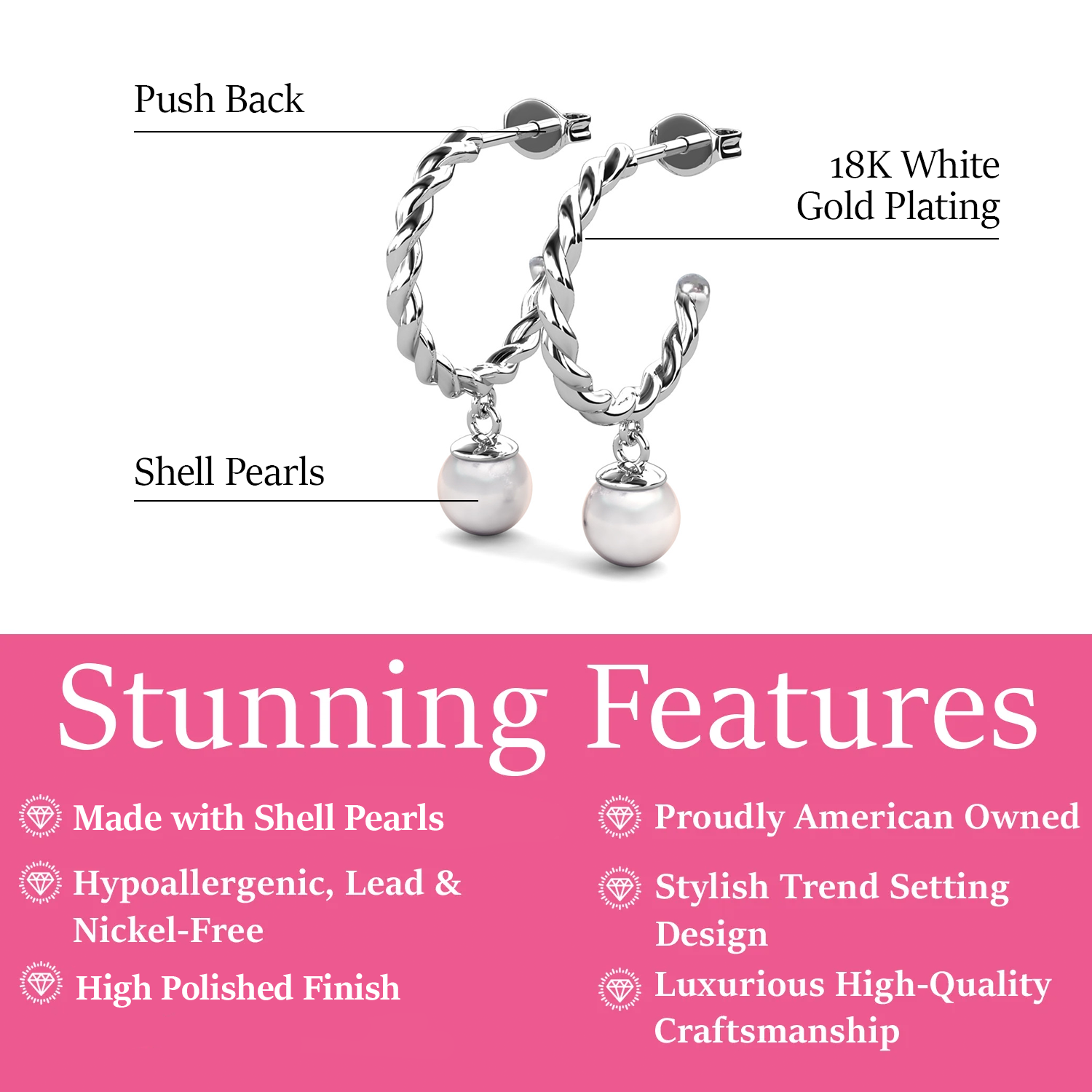 Cheyanne 18k White Gold Plated 16mm Twisted Half Hoop Drop Pearl Earrings