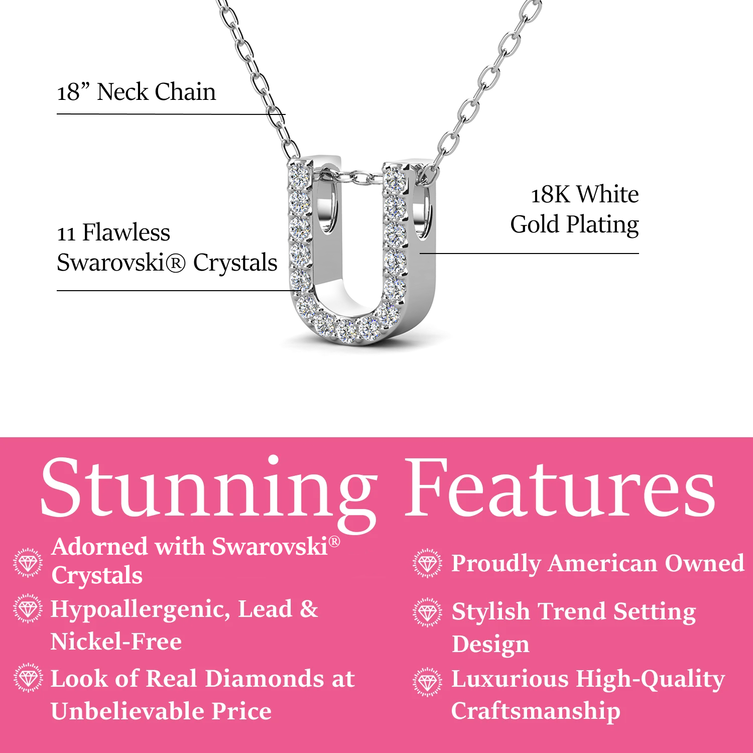 Ethereal Collection 18k White Gold Plated Initial Letter Pendant Necklace with Swarovski Crystals
