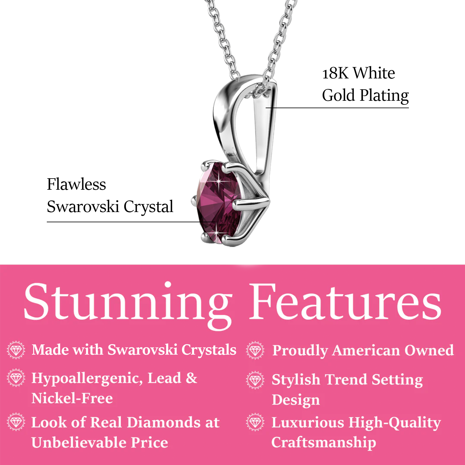 February Birthstone Amethyst Necklace 18k White Gold Plated Solitaire Necklace with 1CT Swarovski Crystal