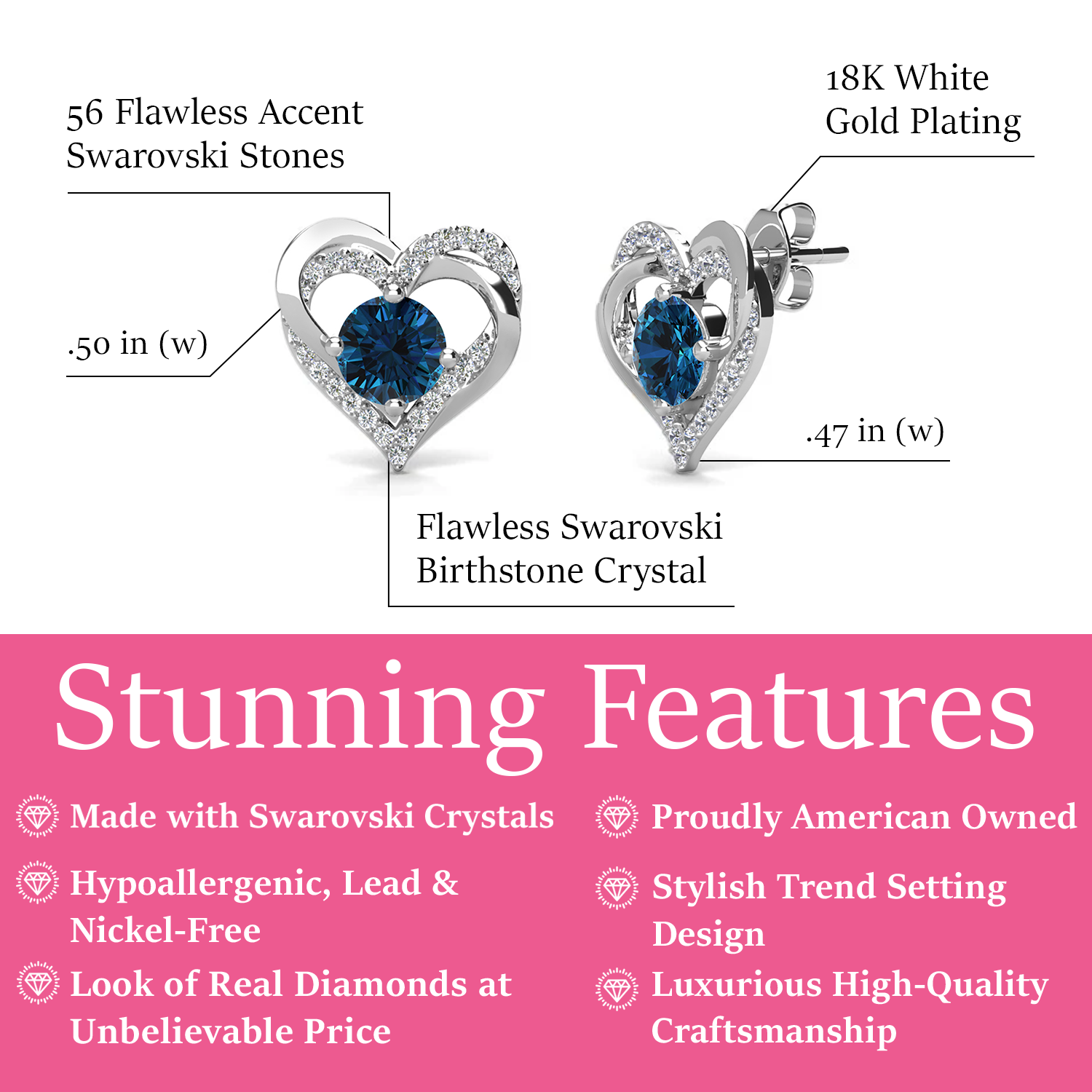 Forever Birthstone 18k White Gold Plated Silver Double Heart Earrings with Swarovski Crystals