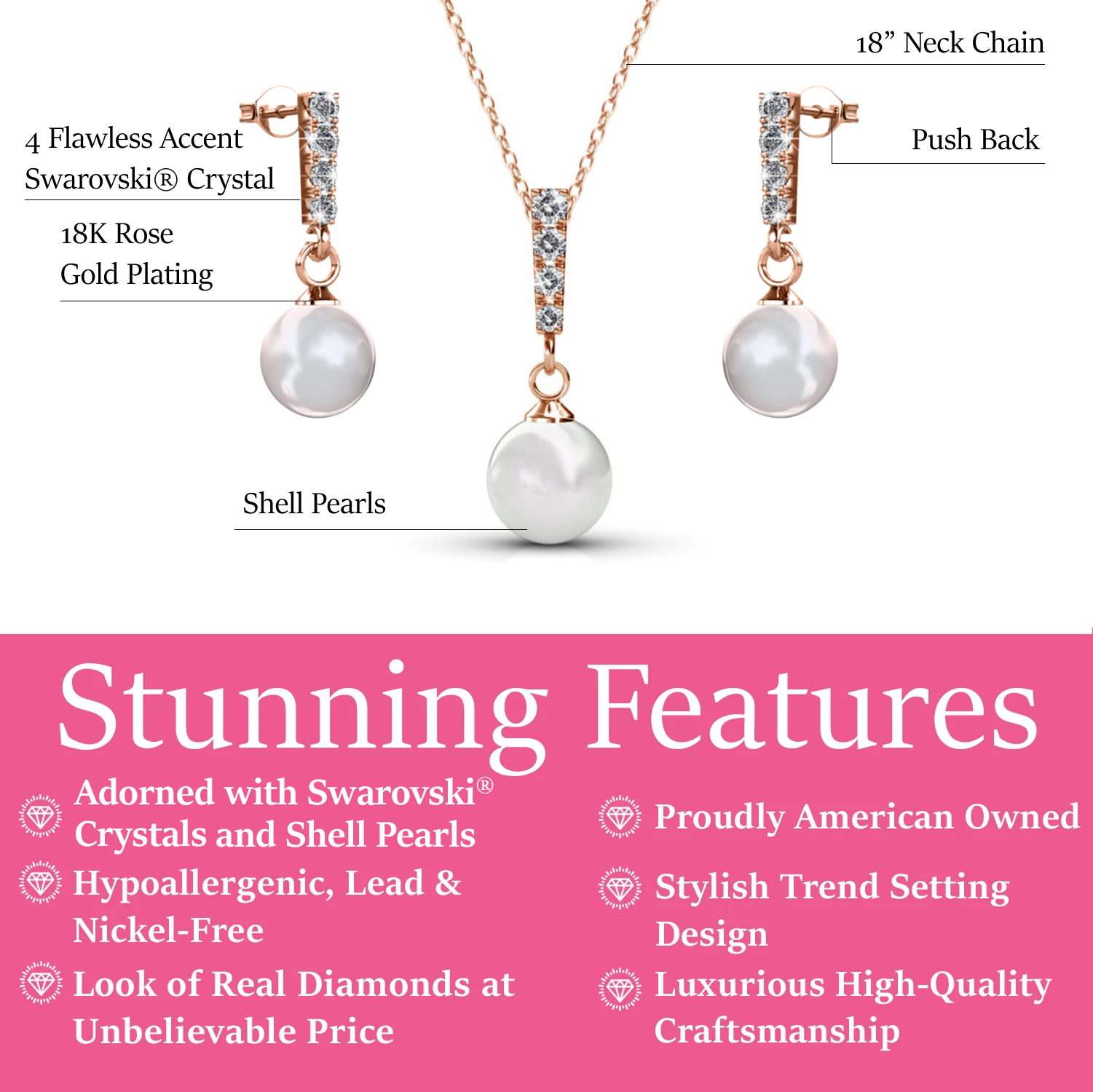 Gabrielle 18k White Gold Plated Pearl Drop Earrings and Necklace Jewelry Set with Swarovski Crystals